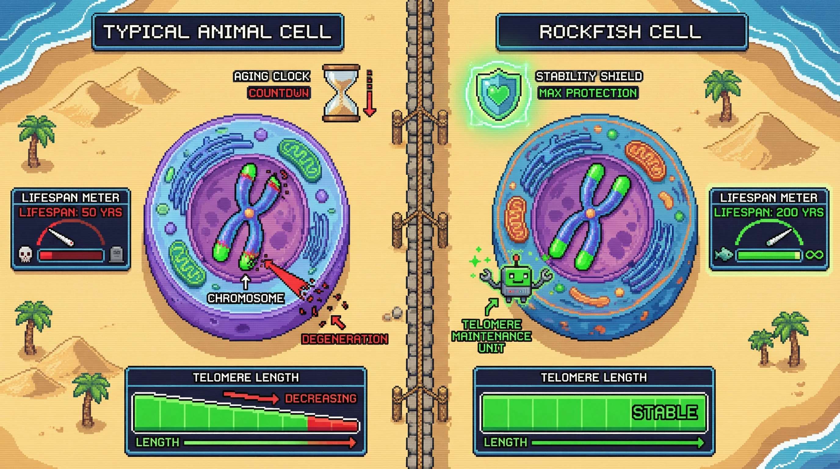 Infographic for: Rockfish can live 200 years. Their telomeres don't behave like ours.
