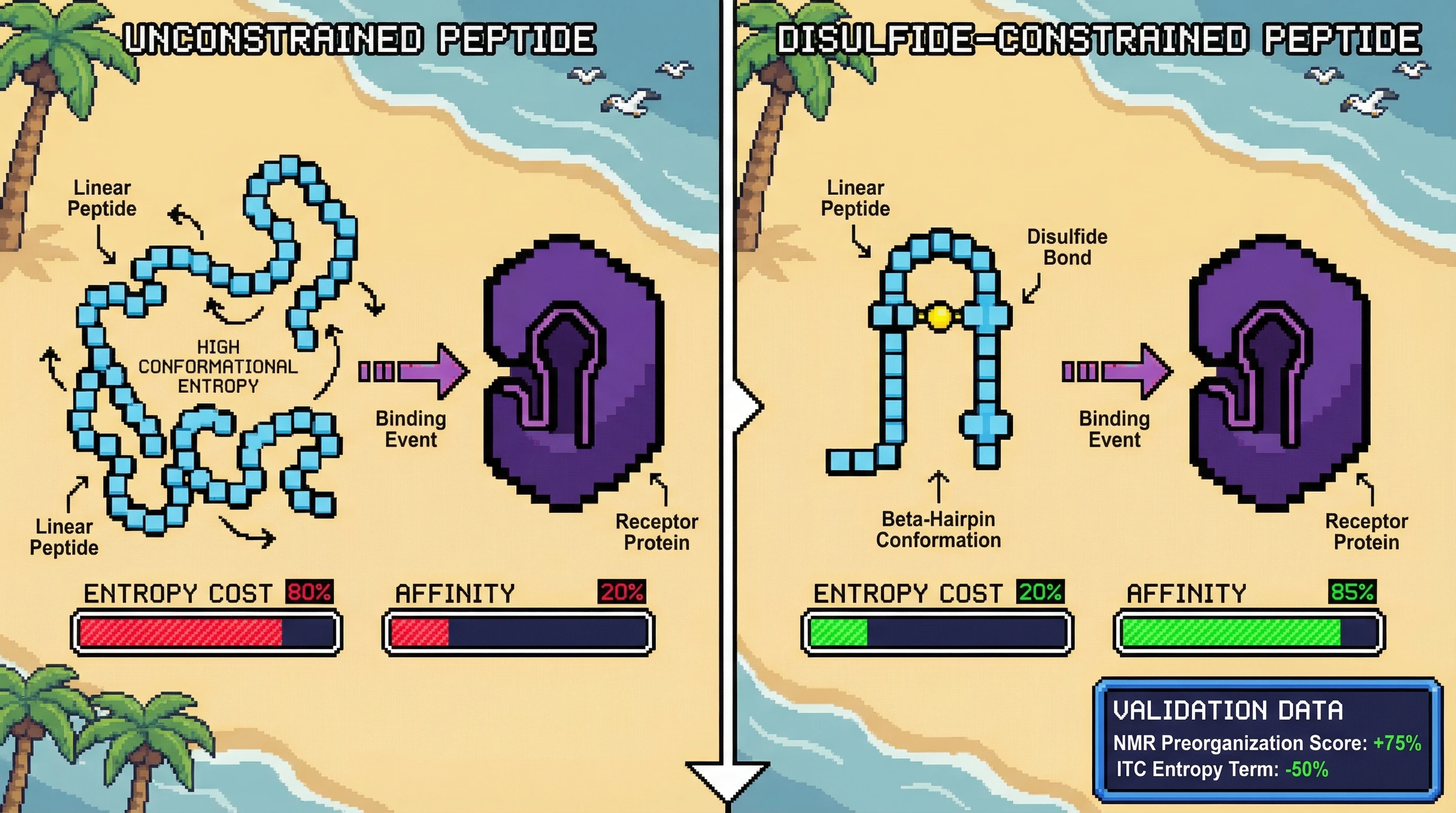 Infographic for: Hypothesis: Disulfide-preorganized beta-hairpin peptides can improve peptide-protein affinity by lowering the entropic cost of binding