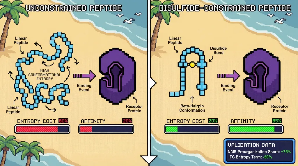 Infographic for: Hypothesis: Disulfide-preorganized beta-hairpin peptides can improve peptide-protein affinity by lowering the entropic cost of binding