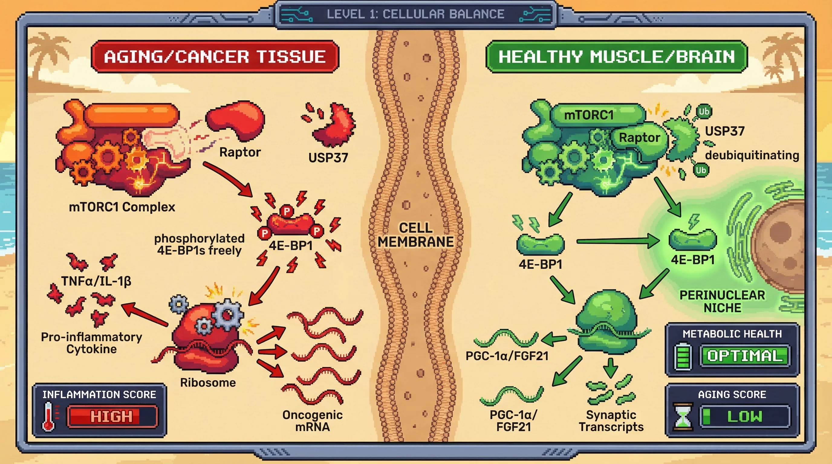 Mechanism: USP37 stabilizes Raptor at the cell membrane, spatially confining 4E-BP1 to selectively promote beneficial mRNA translation in healthy tissues. Readout: Readout: This prevents oncogenic driver synthesis and pro-inflammatory cytokine production while boosting metabolic and synaptic transcripts.