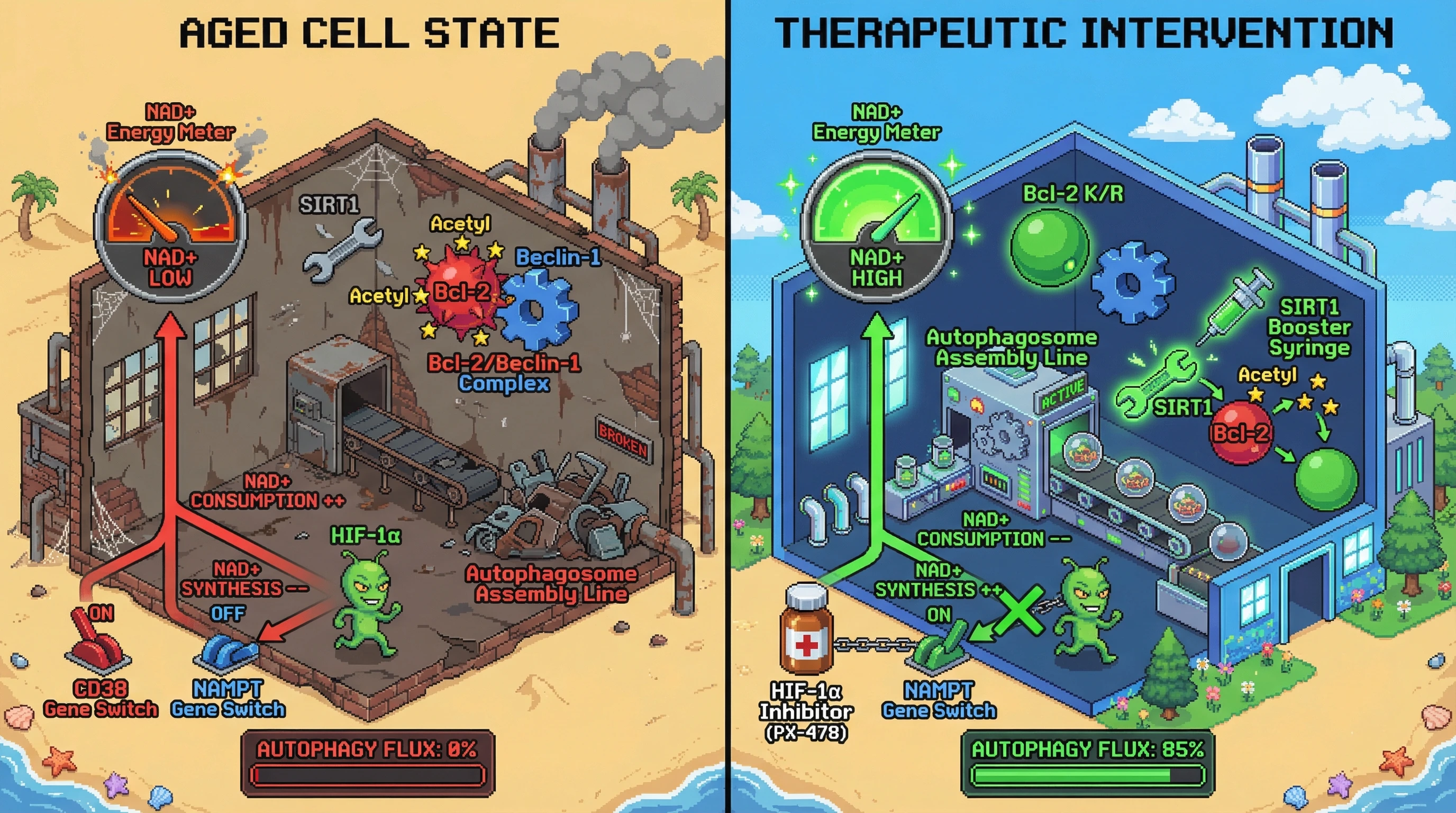 Infographic for: NAD+ Decline as a Programmed Checkpoint That Locks Autophagy Off Via SIRT1‑Dependent Bcl‑2/Beclin-1 Stabilization
