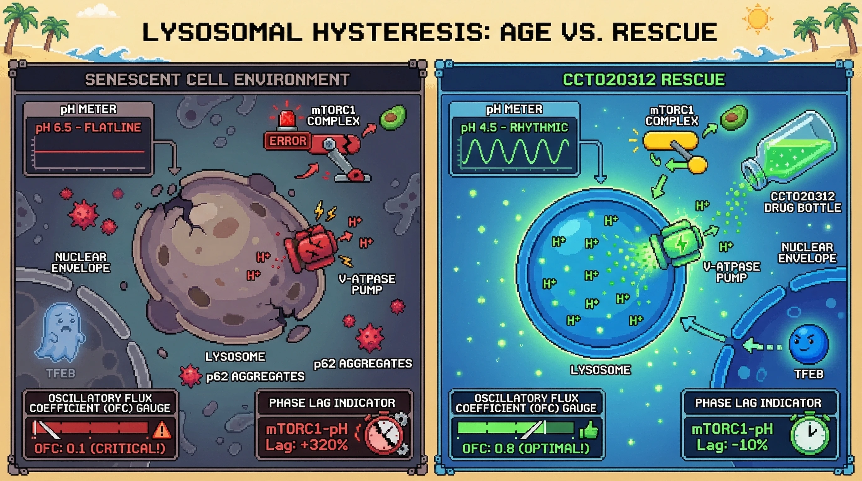Mechanism: Senescence leads to lysosomal hysteresis, decoupling rhythmic mTORC1 signaling from V-ATPase-mediated acidification due to TFEB dilution. Readout: Readout: CCT020312 restores the Oscillatory Flux Coefficient (OFC) to optimal levels and reduces the mTORC1-pH phase lag by over 300% compared to senescent cells.