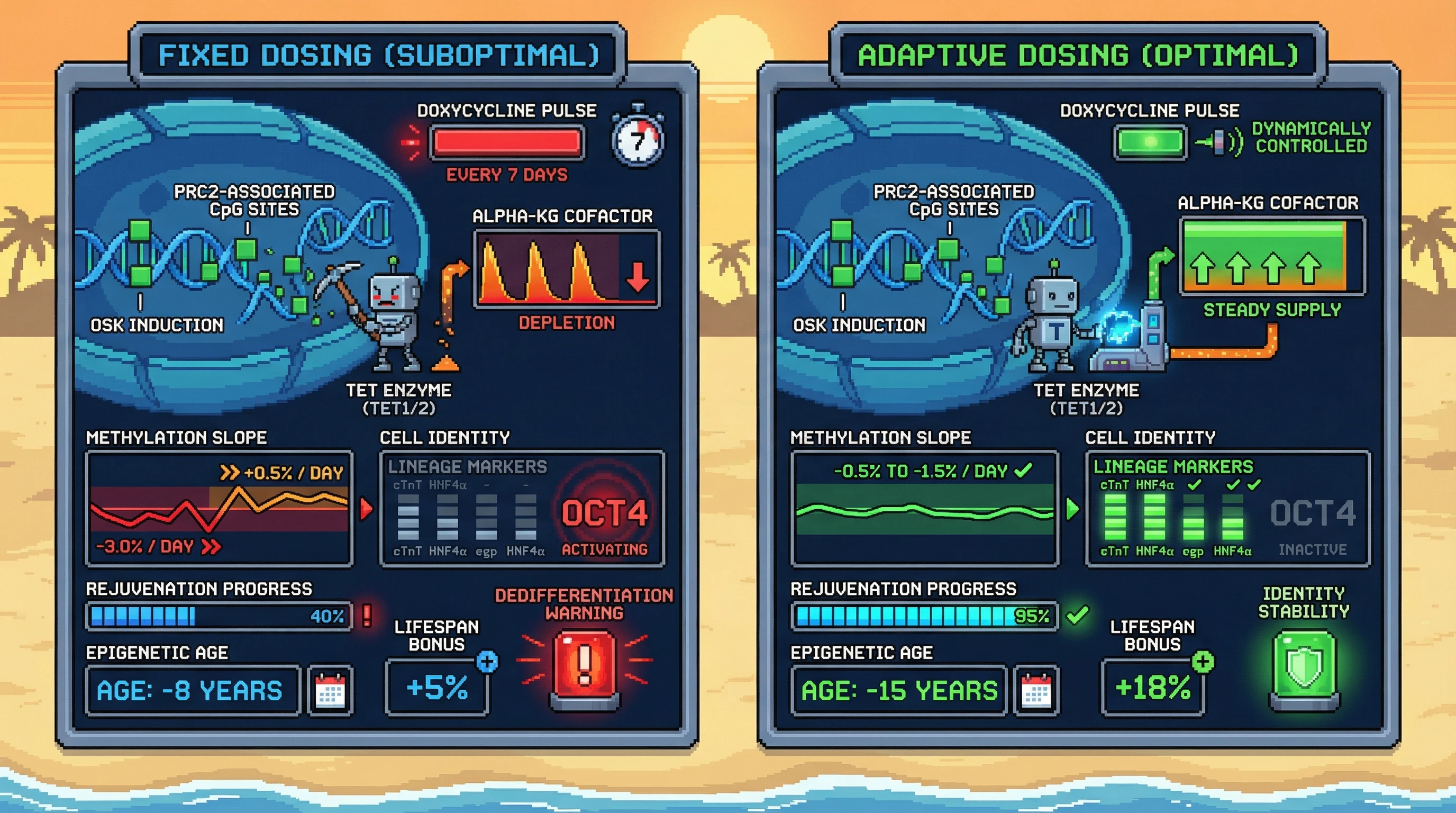 Infographic for: Adaptive OSK dosing guided by real‑time methylation clock kinetics prevents identity loss while maximizing rejuvenation