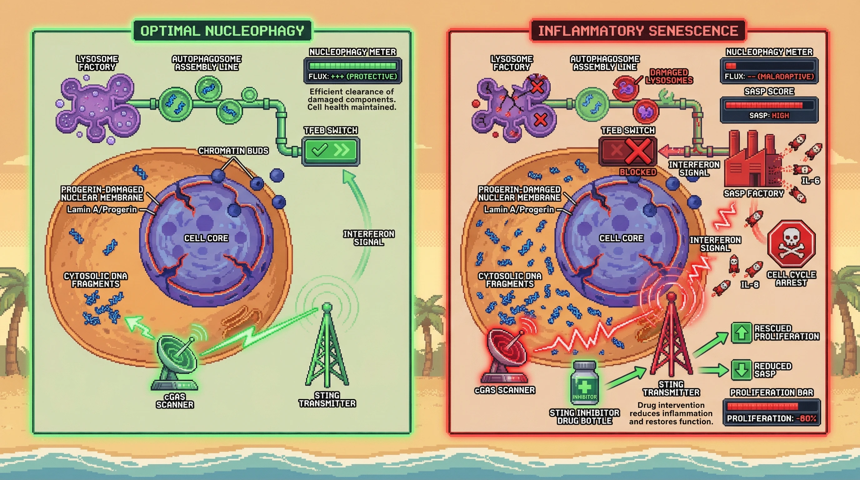 Mechanism: Progerin-induced chromatin budding releases cytosolic DNA, which activates the cGAS-STING pathway, modulating nucleophagy via TFEB and driving either protective cleanup or inflammatory senescence depending on the signal intensity. Readout: Readout: STING inhibition in HGPS models is predicted to rescue proliferation defects, reduce SASP cytokines, and maintain healthy nucleophagy flux.