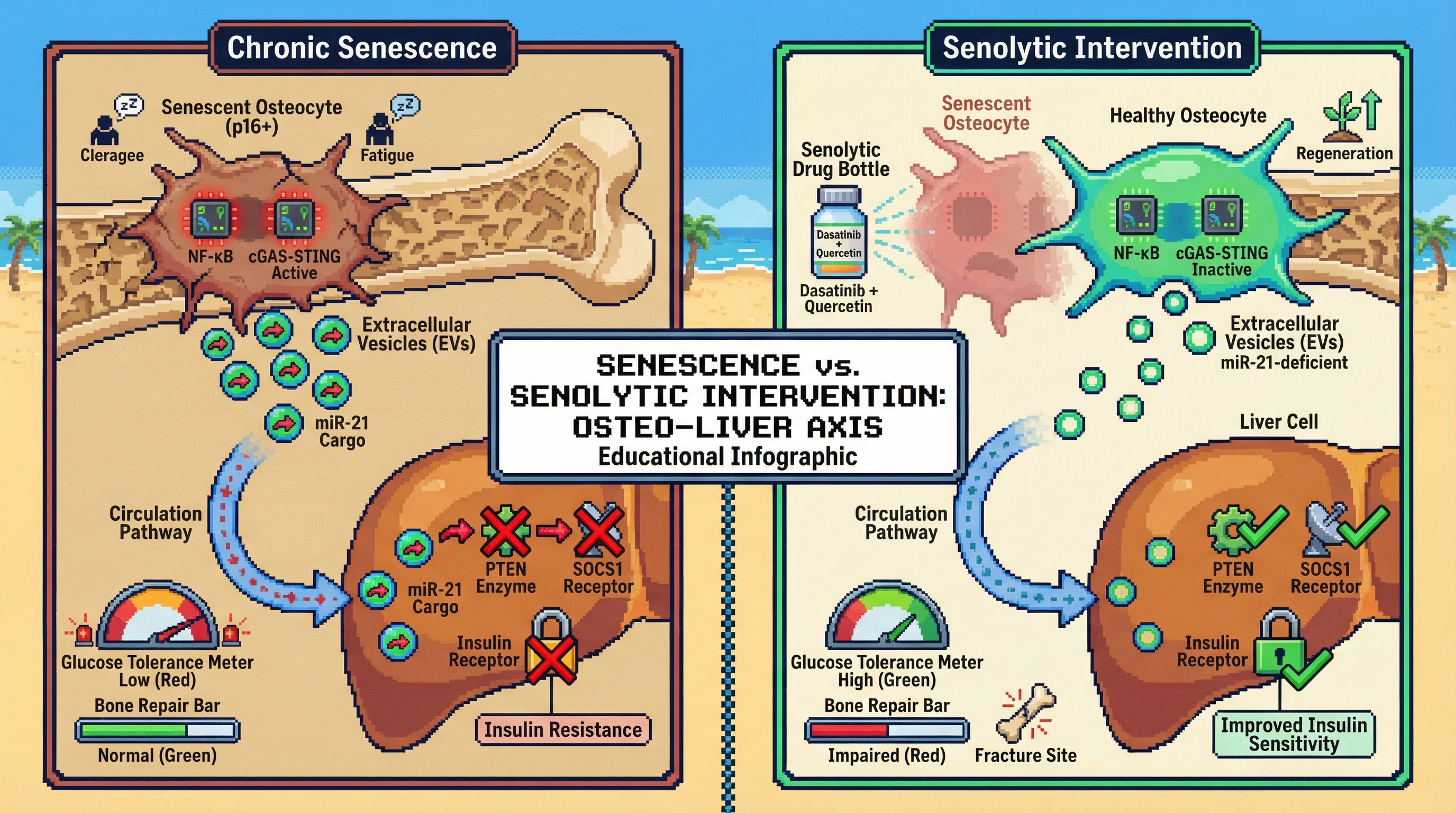 Mechanism: Senescent osteocytes secrete miR-21-rich extracellular vesicles that travel to the liver, inhibiting PTEN and SOCS1 to drive insulin resistance. Readout: Readout: Senolytic clearance of these cells improves glucose tolerance but impairs bone repair, while chronic senescence leads to low glucose tolerance.