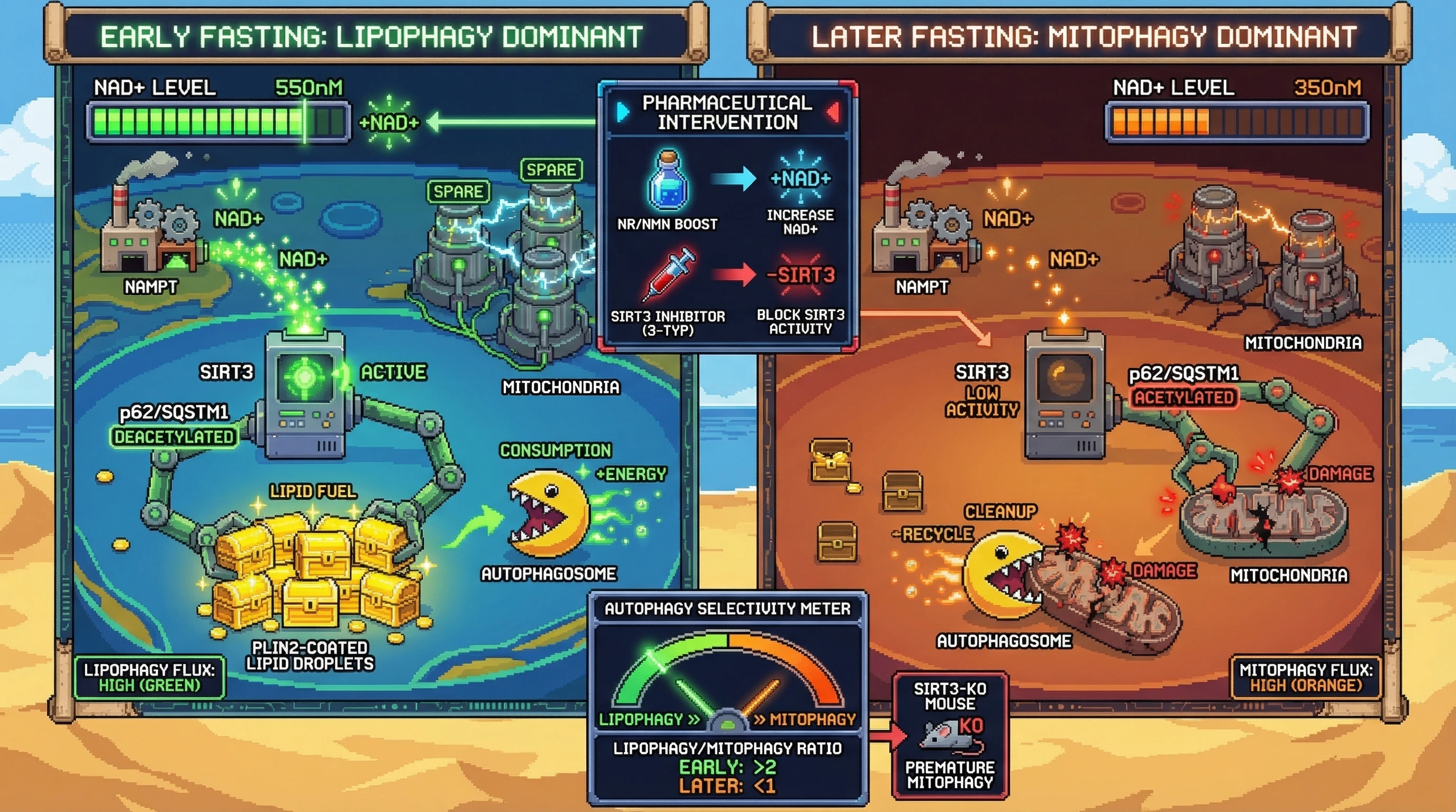 Infographic for: Hypothesis: NAD+-Dependent SIRT3 Activity Sets the Selectivity Threshold Between Lipophagy and Mitophagy During Prolonged Fasting