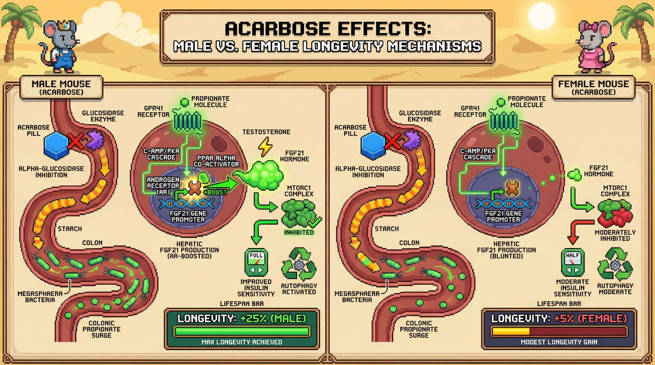 Infographic for: Sex‑Specific Hepatic Propionate‑GPR41‑FGF21 Axis Underlies Acarbose‑Mediated Longevity in Male Mice