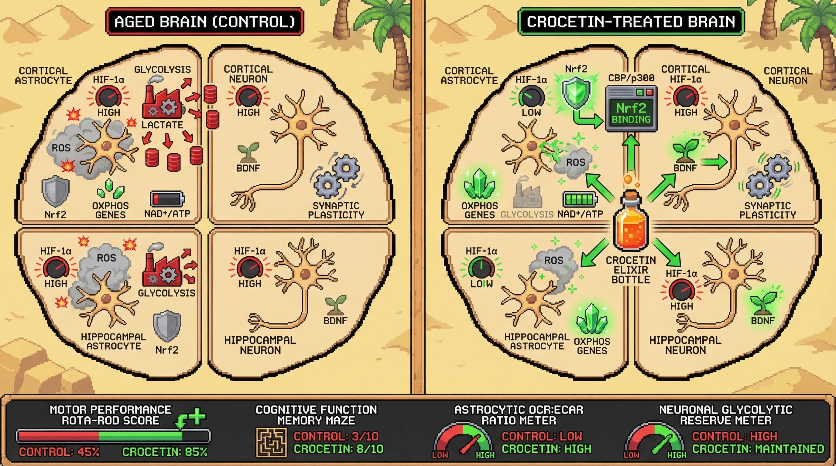 Infographic for: Cell-Type Specific HIF-1α Bistability as a Mechanism for Crocetin's Differential Neuroprotection: Astrocytic Suppression versus Neuronal Preservation
