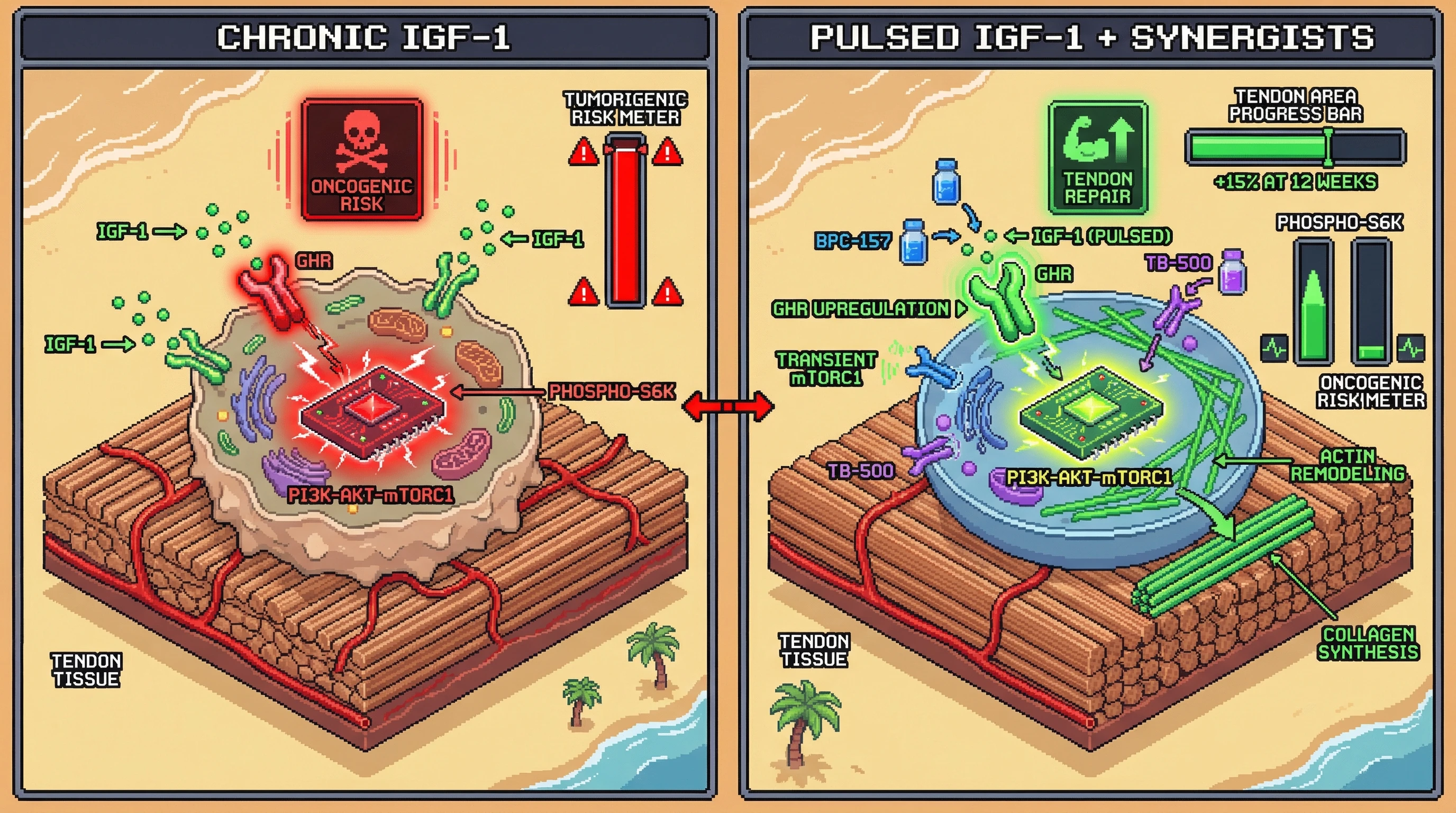 Infographic for: Hypothesis: Pulsed Low-Dose IGF-1 Combined with BPC-157 and TB-500 to Enhance Tendon Repair While Mitigating mTOR‑Driven Oncogenic Risk