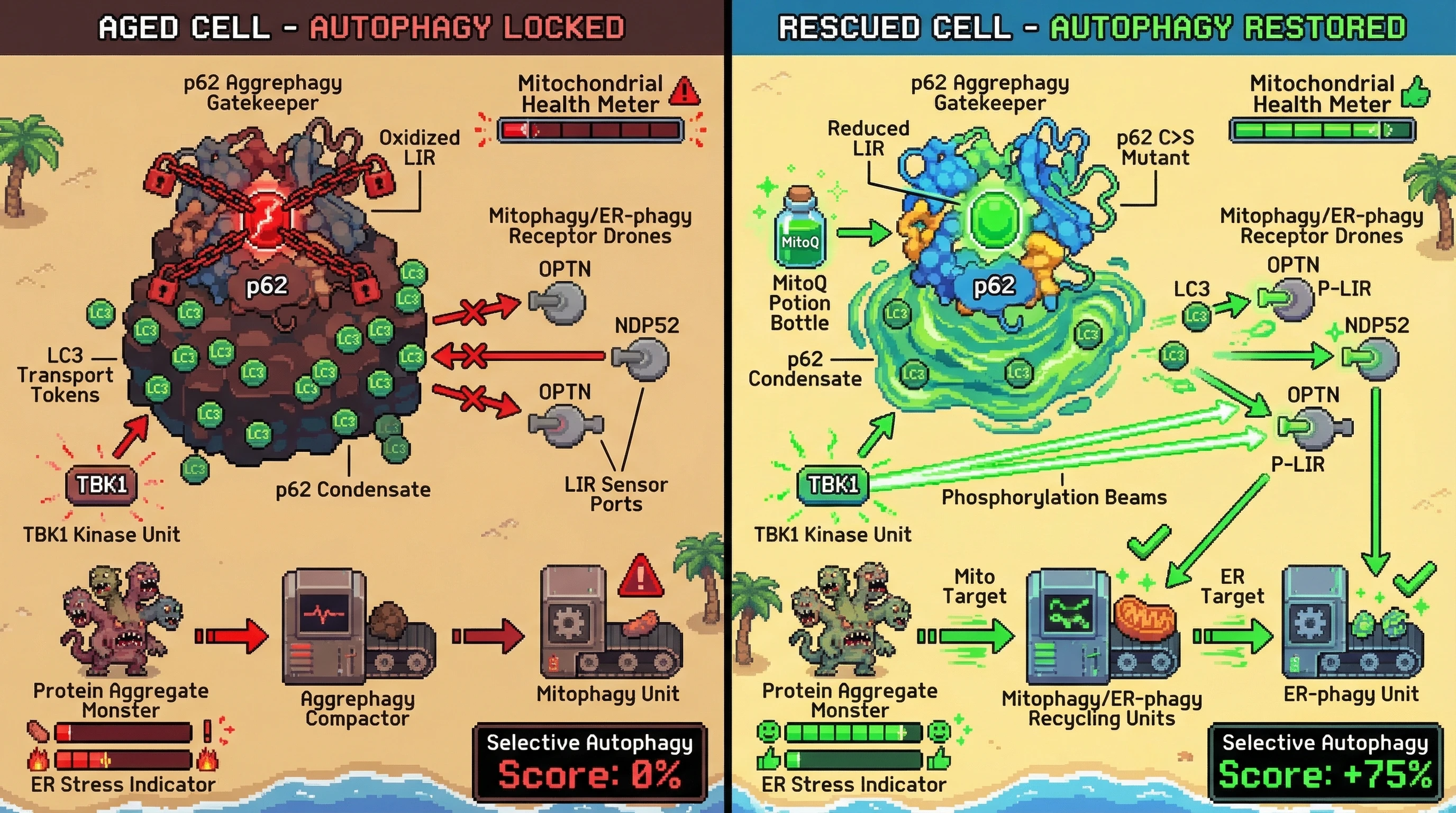 Mechanism: Oxidized p62 sequesters LC3, creating a kinetic trap that locks autophagy on aggrephagy and starves mitophagy/ER-phagy in aged cells. Readout: Readout: Reducing p62 LIR oxidation or enhancing competing receptor phosphorylation restores selective autophagy, improving mitochondrial health and ER stress indicators.