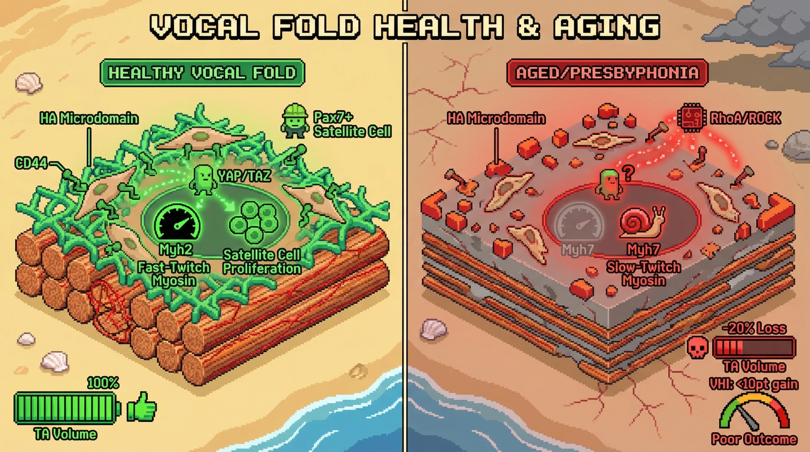 Infographic for: Hyaluronic Acid Microdomain Loss at the Vocal Fold TA‑Lamina Propria Interface Drives Fiber‑Type Shift and Limits Regenerative Response to Augmentation in Presbyphonia