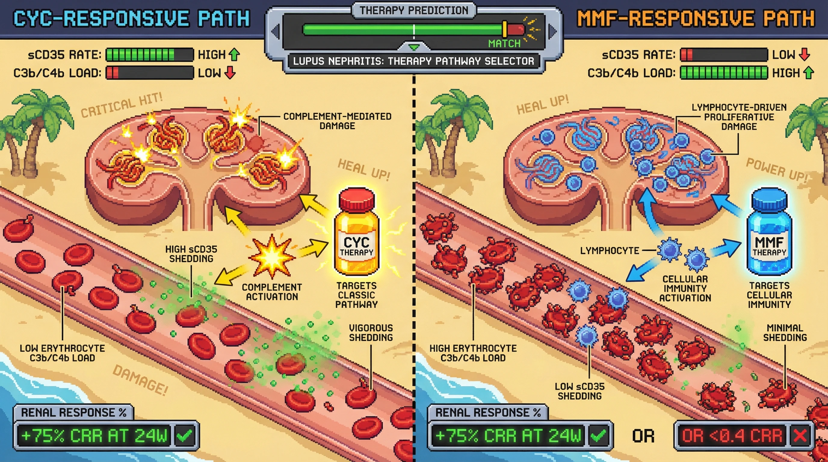 Mechanism: This infographic predicts optimal lupus nephritis therapy (CYC vs. Readout: MMF) by assessing the balance between sCD35 shedding and erythrocyte-bound C3b/C4b immune complexes, reflecting dominant injury pathways.