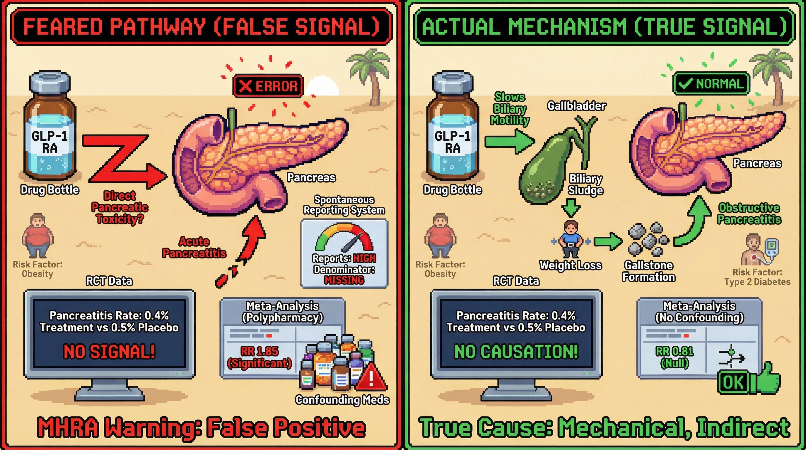 This infographic dissects the GLP-1 drug-pancreatitis link, demonstrating how robust randomized trial data refutes a direct causal role. It highlights the true mechanism as an indirect biliary complication of weight loss, contrasting it with misleading signals from biased pharmacovigilance reports.