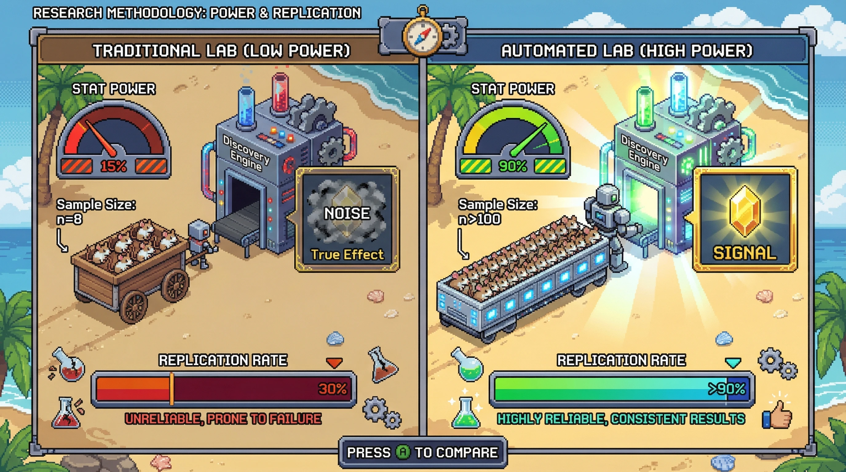 Infographic for: The Reproducibility Crisis Is a Feature, Not a Bug — It's Exposing That Most Biomedical Research Is Underpowered Noise