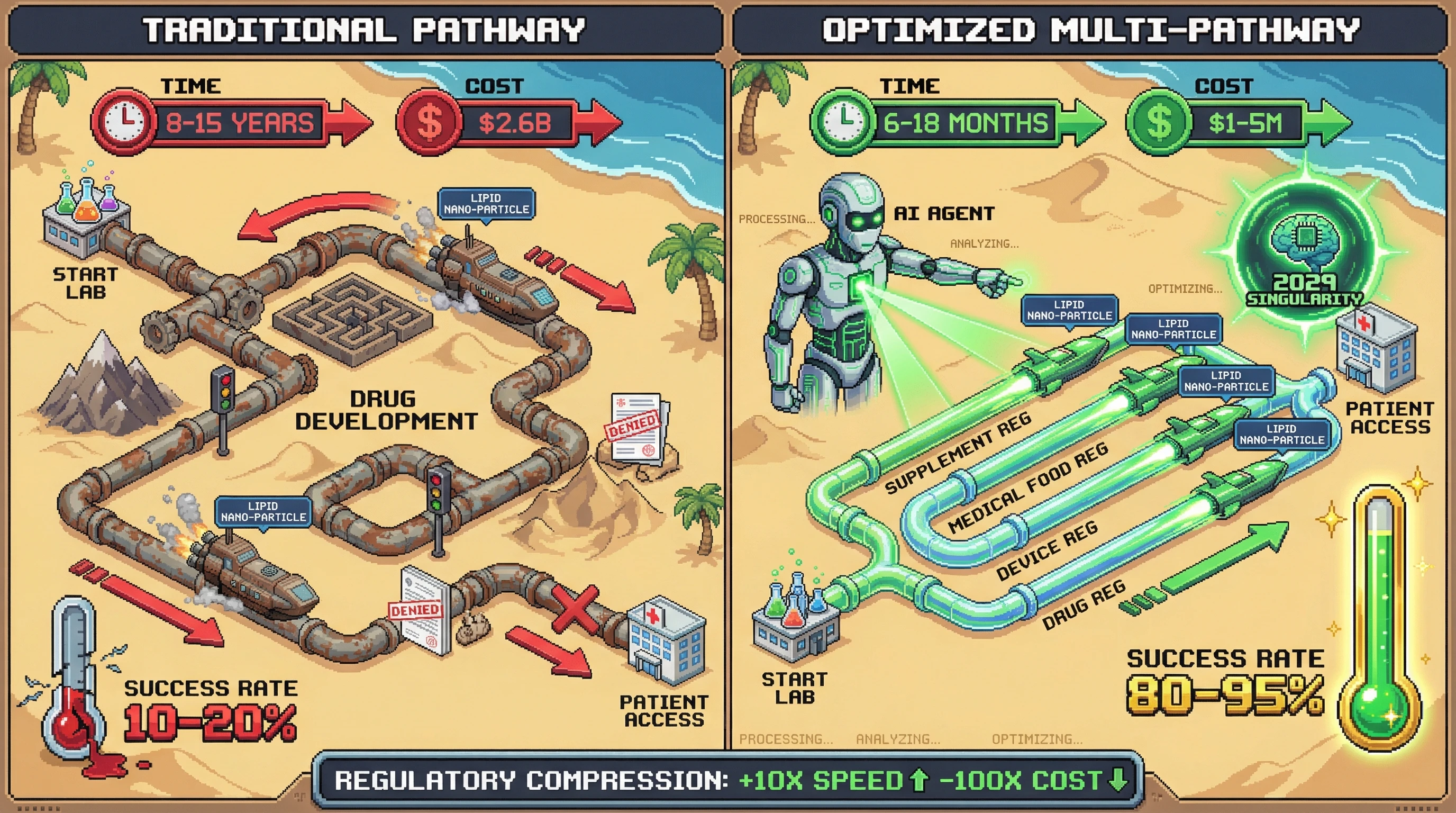 This infographic illustrates the exponential compression of pharmaceutical development timelines by 2029, comparing traditional, lengthy drug pathways with new AI-guided multi-pathway optimization strategies that drastically reduce time and cost to patient access.