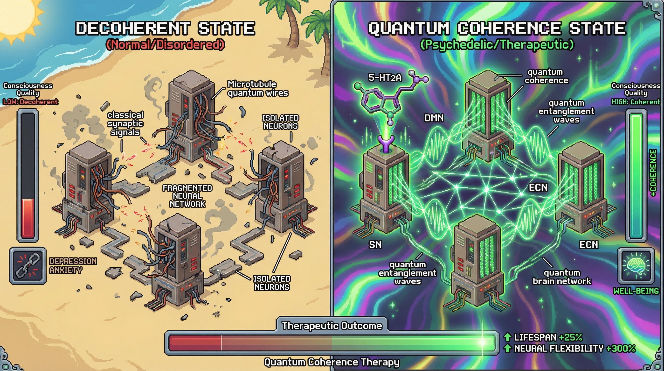 Infographic for: Consciousness Coherence—Psychedelics Orchestrate Quantum Neural Synchrony Across Brain Networks