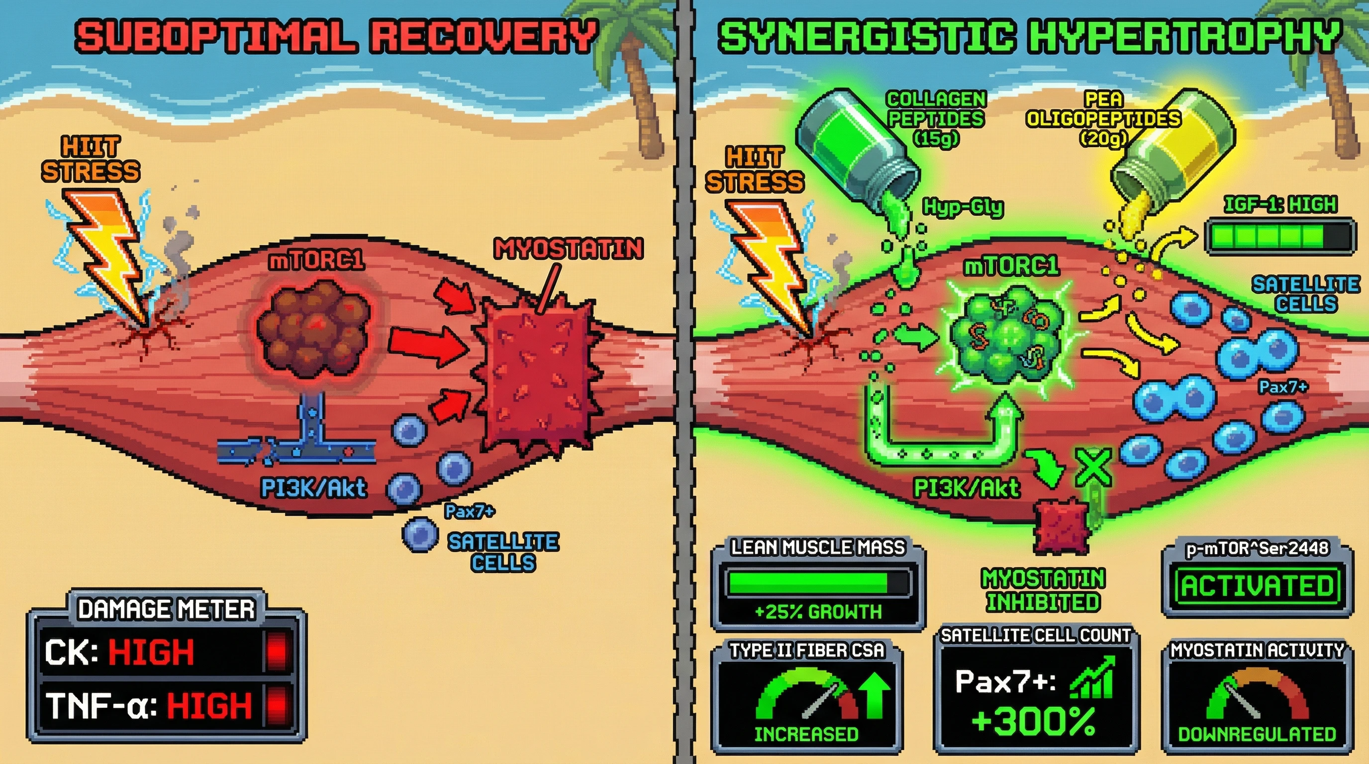 Infographic for: Hypothesis: Co-supplementation of collagen peptides and pea oligopeptides post-HIIT produces synergistic hypertrophic effects via dual mTOR and IGF-1/satellite cell pathway activation