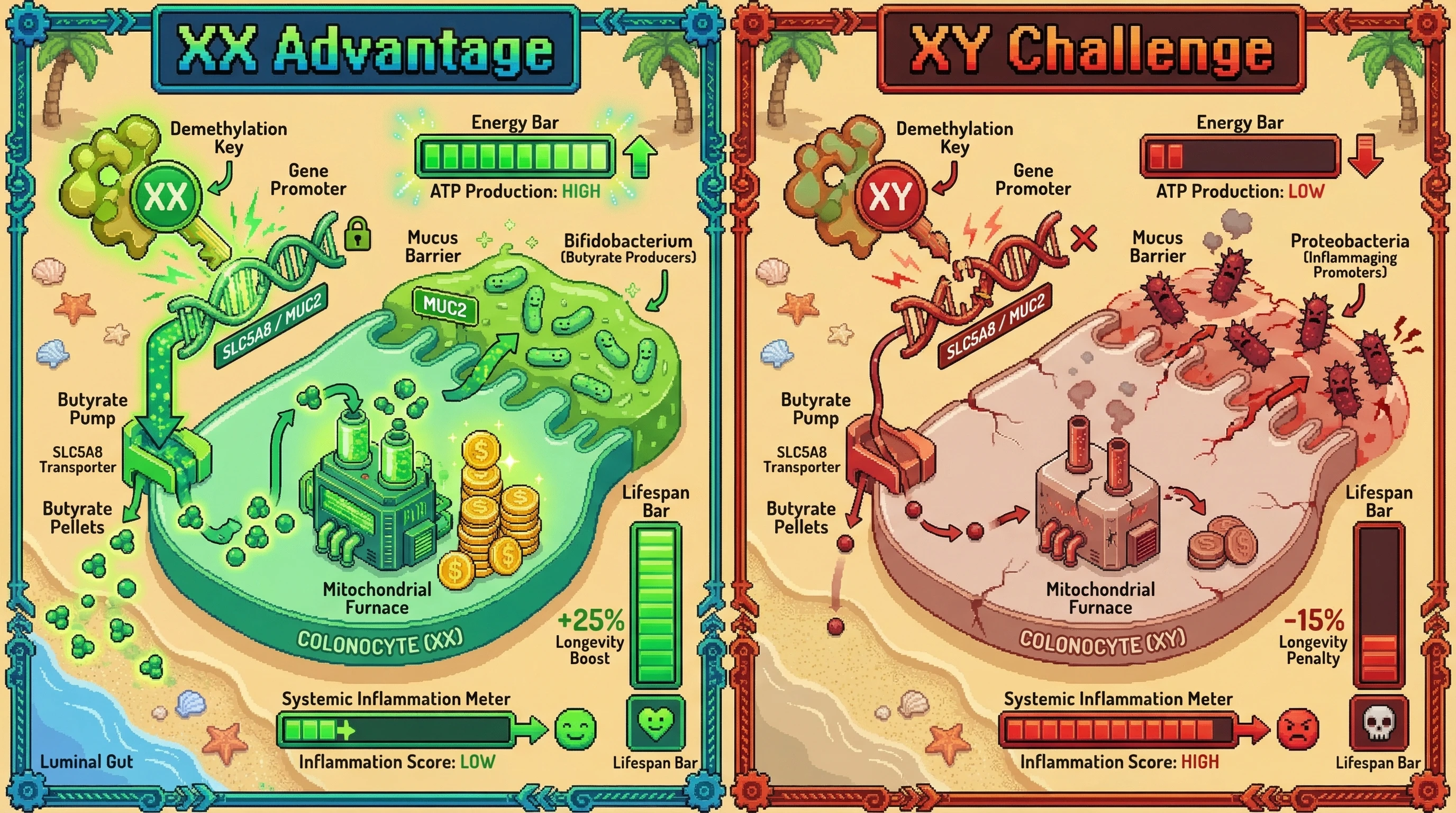 Infographic for: X Chromosome Escape Gene KDM6A Directly Links Sex‑Specific Gut Butyrate Utilization to Colonocyte Energetics and Sex Differences in Inflammaging