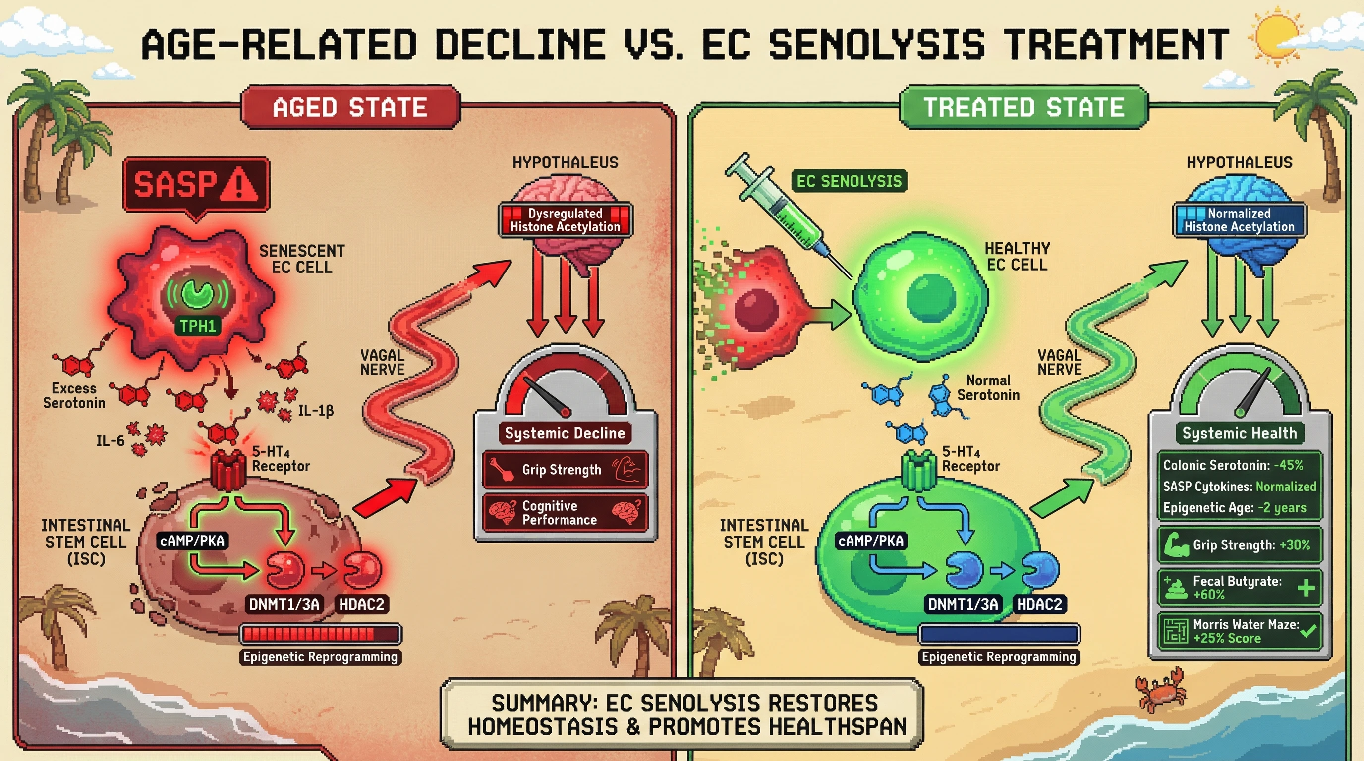Mechanism: Targeted removal of senescent Enterochromaffin (EC) cells reduces serotonin-rich SASP, preventing epigenetic reprogramming in intestinal stem cells and normalizing systemic signaling. Readout: Readout: Treated mice show 40% reduction in colonic serotonin, normalized SASP cytokines, and improved epigenetic age, grip strength, and cognitive performance.