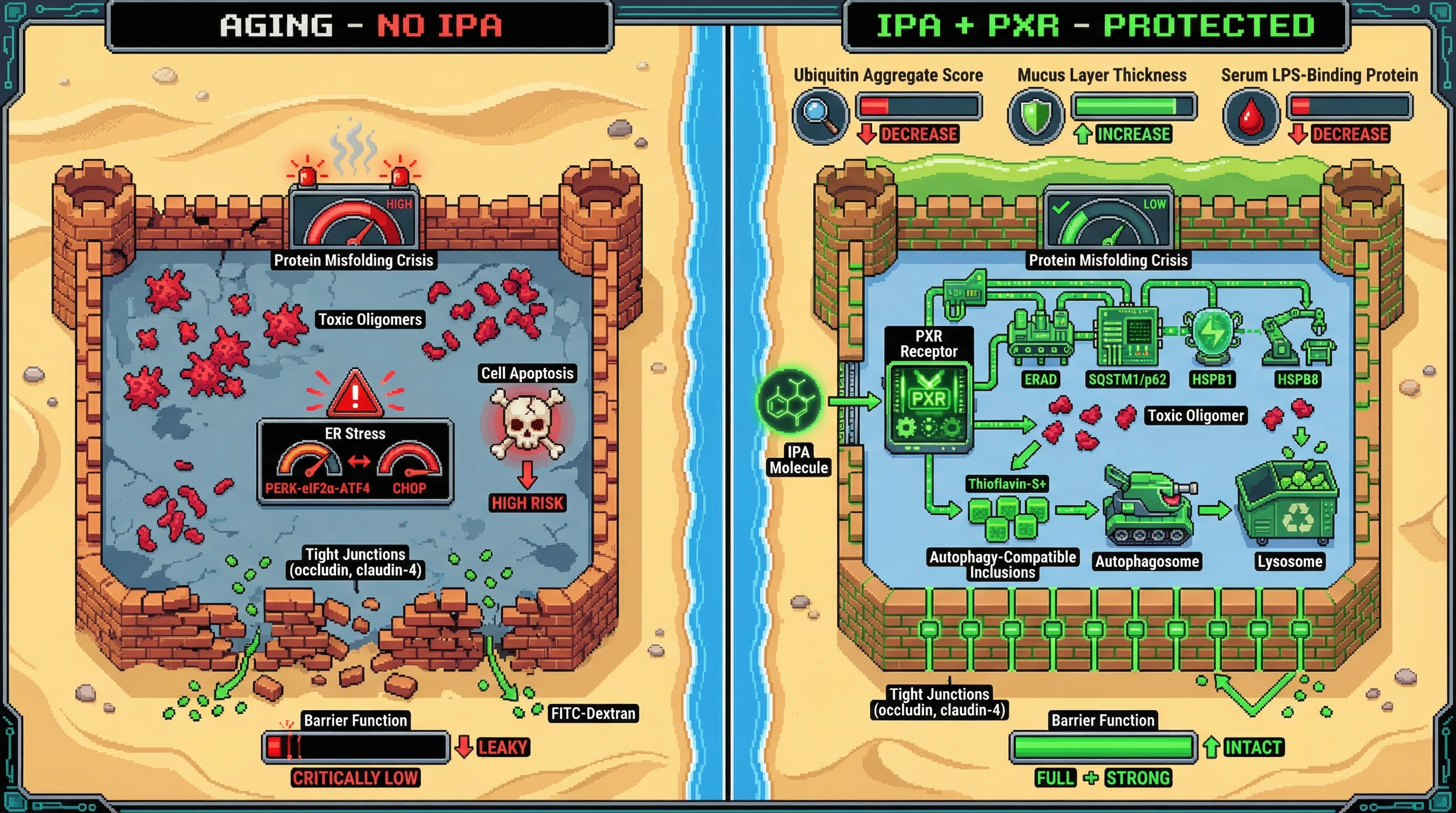 Infographic for: IPA‑PXR signaling shifts intestinal epithelial protein aggregation toward autophagy‑compatible inclusions as an adaptive proteostasis mechanism in aging