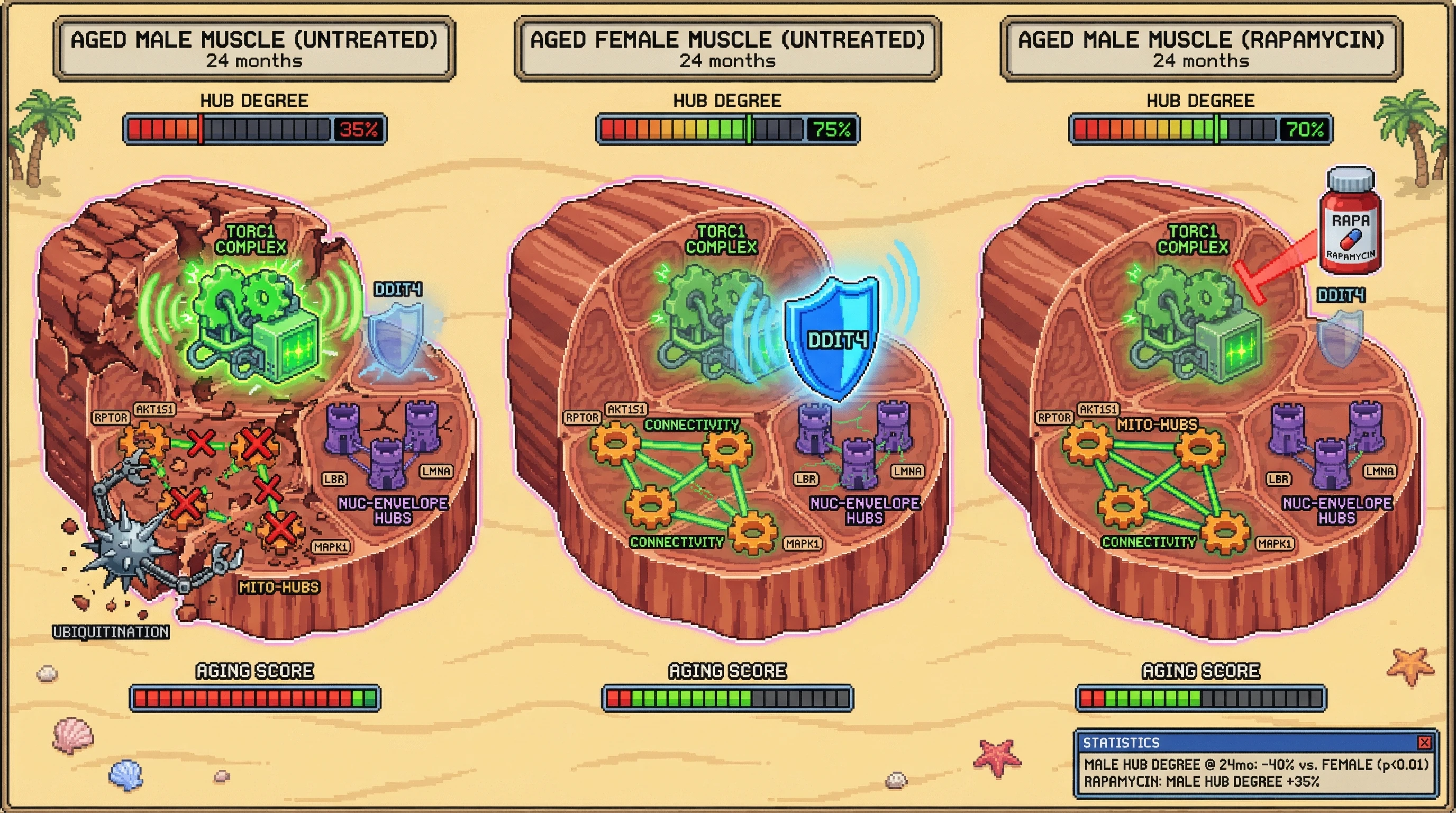 Infographic for: Sex-Specific TORC1-Driven Interactome Rewiring Underlies Divergent Aging Trajectories in Mouse Muscle and Beyond