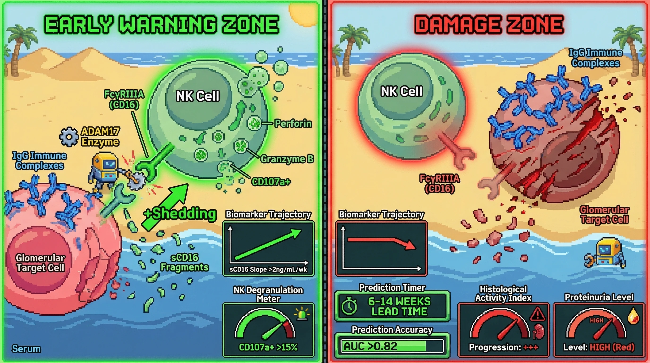 Infographic for: Serum Soluble FcγRIIIA (CD16) Shedding Kinetics Combined With NK Cell Cytotoxic Granule Release Profiling Predict Antibody-Dependent Cellular Cytotoxicity-Mediated Tissue Damage in Lupus Nephritis 6–14 Weeks Before Histological Progression