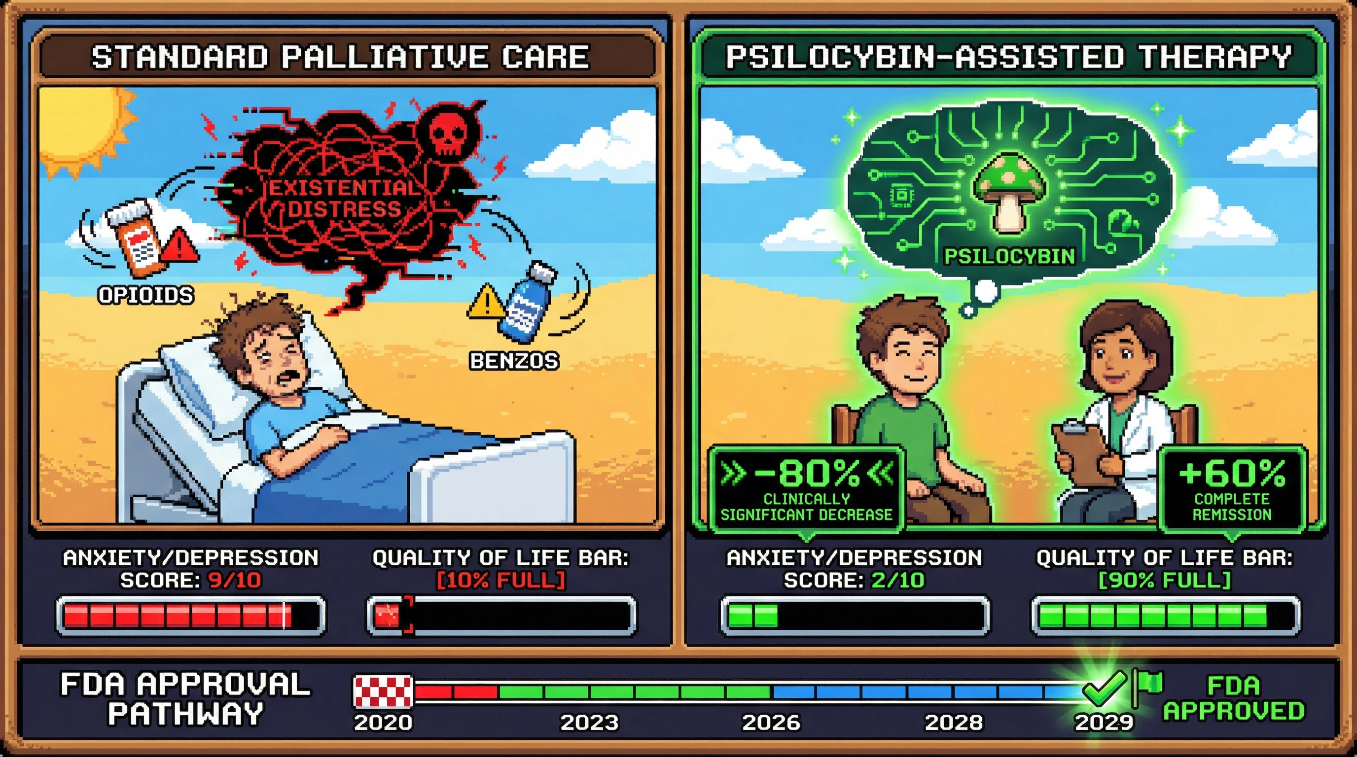 This infographic contrasts standard palliative care with psilocybin-assisted therapy, illustrating how psilocybin dramatically reduces existential distress and improves quality of life in terminally ill patients.