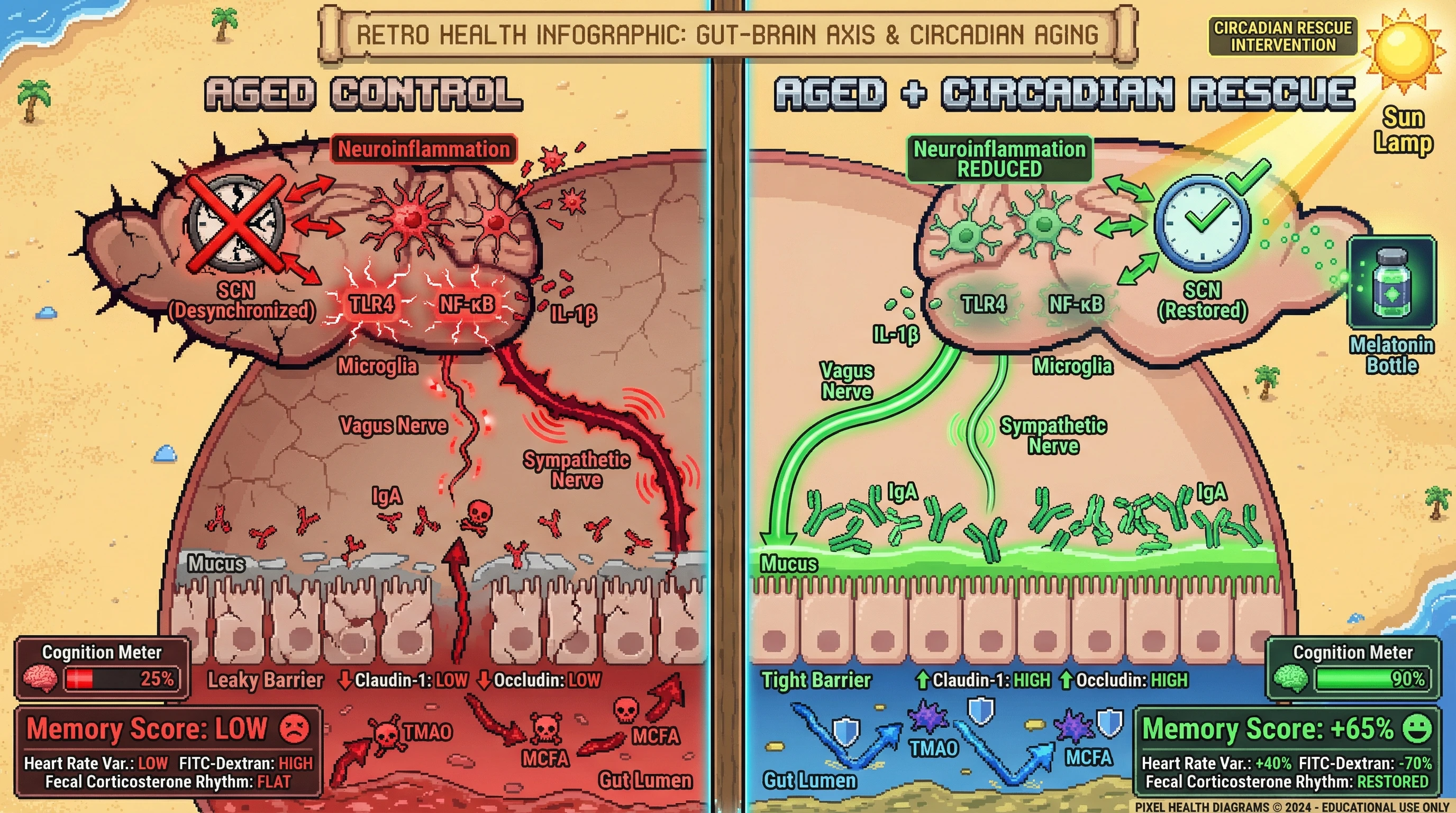 Infographic for: Central circadian rescue reverses age‑gut dysbiosis and cognitive decline via vagal‑dependent barrier restoration