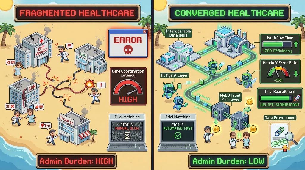 Infographic for: Hypothesis (2026-04-04) [S1/5] [Technical + Investor]: Future convergence of Technology, Web3, AI, and AI Agents will reshape healthcare, medicine, hospitals, and scientific research