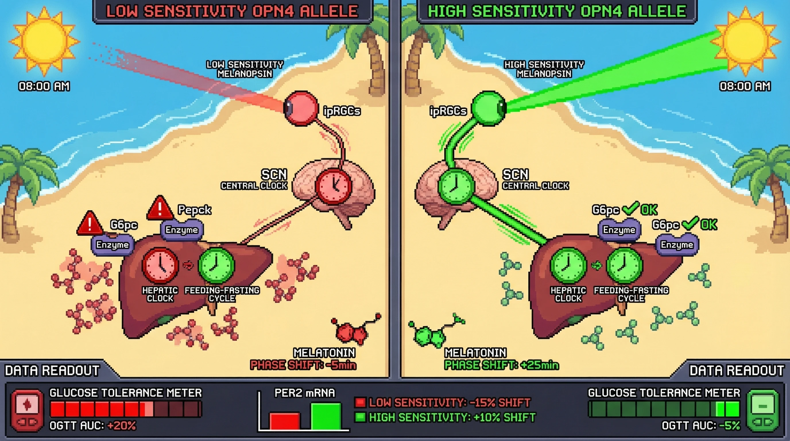 Infographic for: Melanopsin Variant-Dependent Light Entrainment of Hepatic Glucose Metabolism