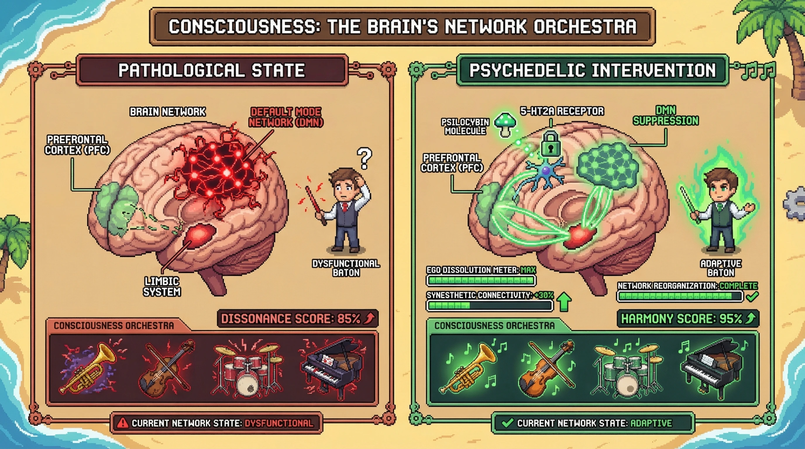 Infographic for: Consciousness Is Not Generated—It's Conducted: Psychedelics Reveal the Brain as a Network Orchestra Conductor