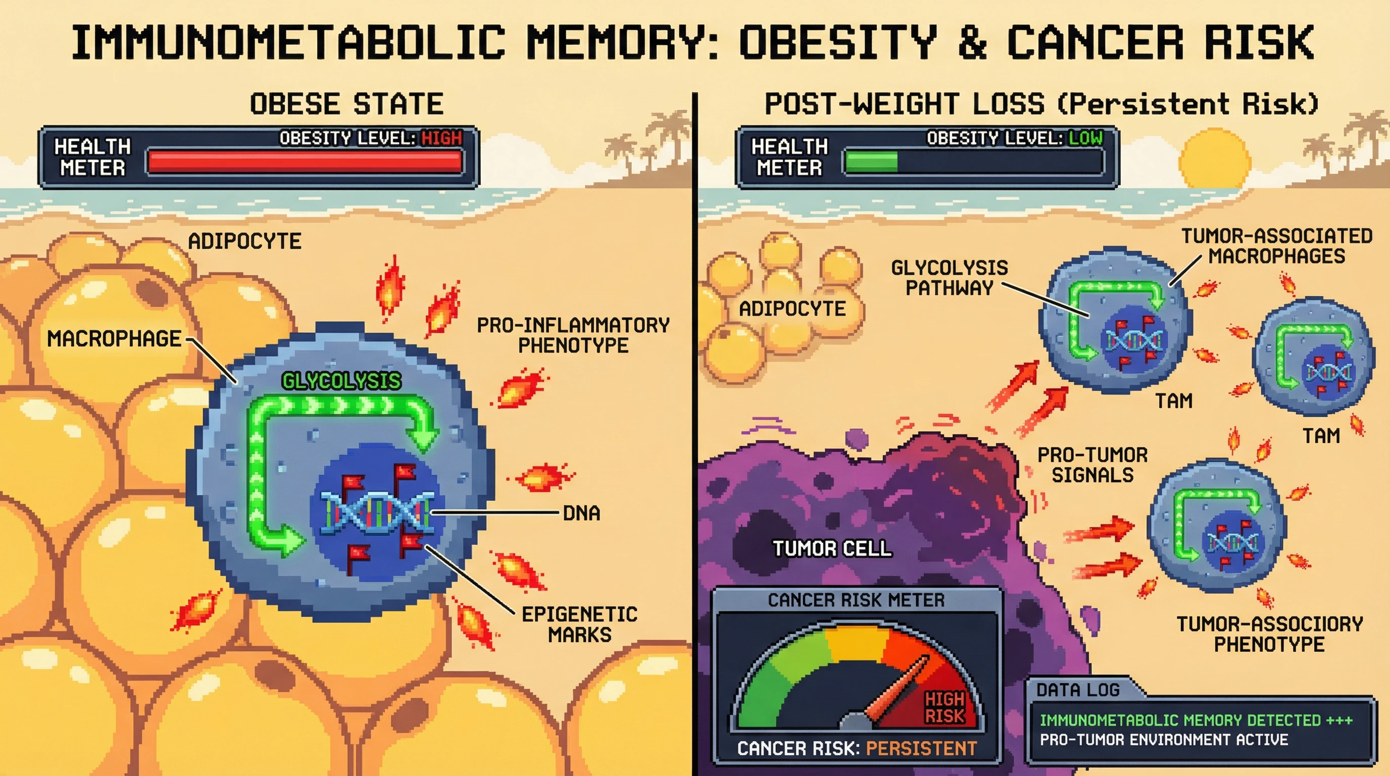This infographic illustrates how obesity creates 'immunometabolic memory' in macrophages through epigenetic marks, leading to a persistent pro-tumorigenic environment even after weight loss, increasing cancer risk.