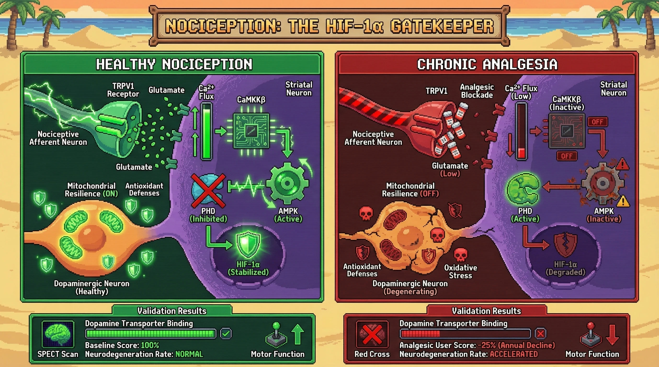 Infographic for: Chronic Analgesic Blunting of Nociceptive Ca2+ Signaling Reduces Striatal HIF-1α Activity and Accelerates Dopaminergic Neurodegeneration