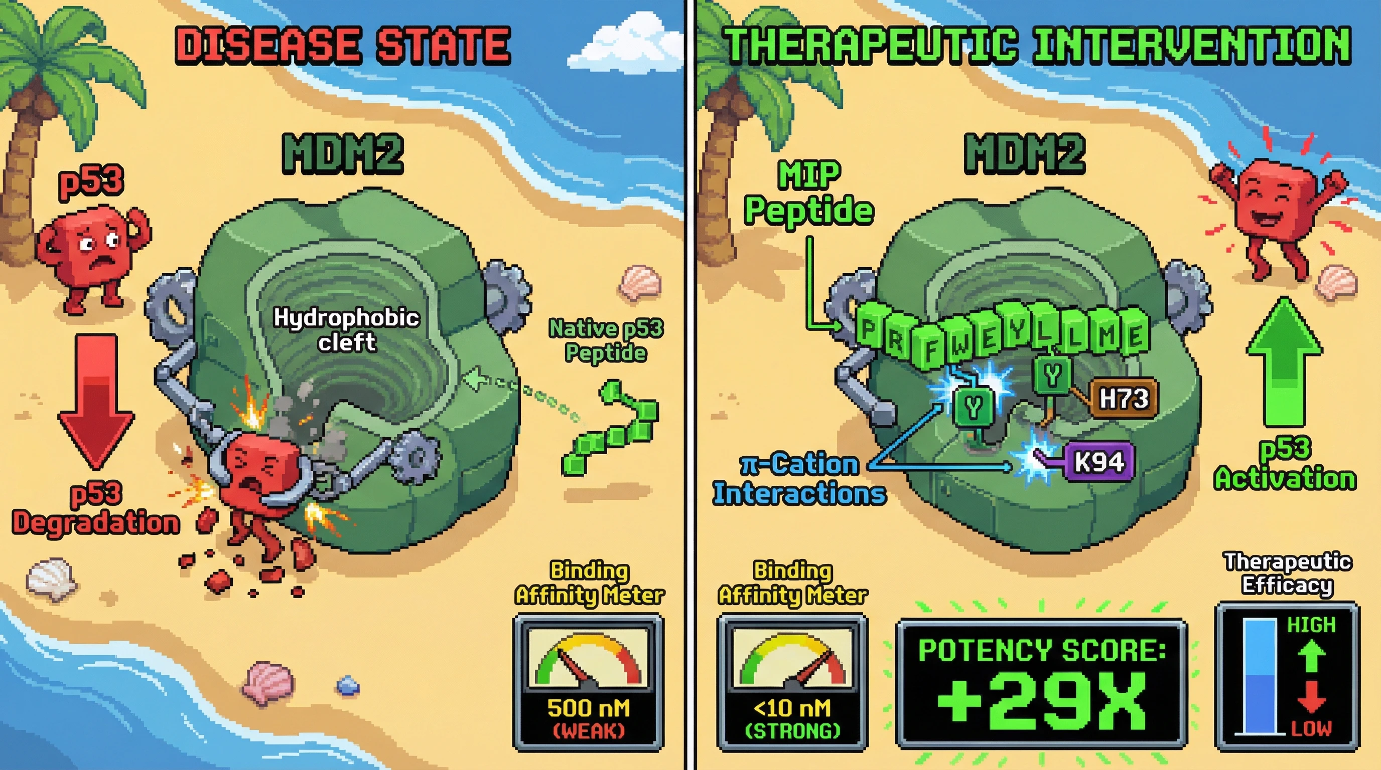 Infographic for: Enhanced MDM2-p53 disruption via optimized peptide inhibitor MIP shows 29-fold improved potency through tyrosine-mediated interactions