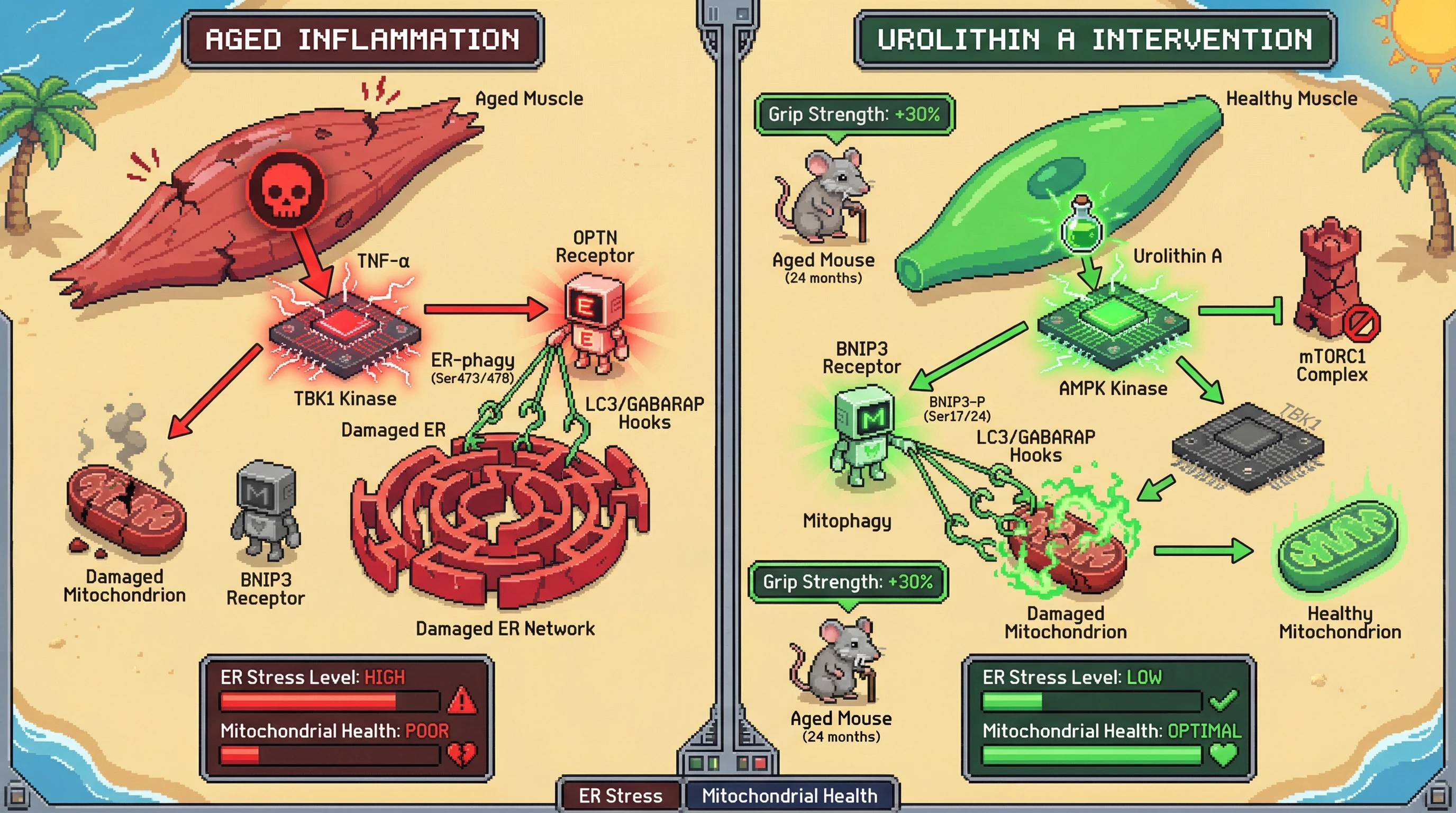 Infographic for: Metabolite‑Reprogramming of Selective Autophagy Hierarchy: Urolithin A Shifts Mitophagy‑ER‑Phagy Balance via AMPK‑TBK1 Crosstalk