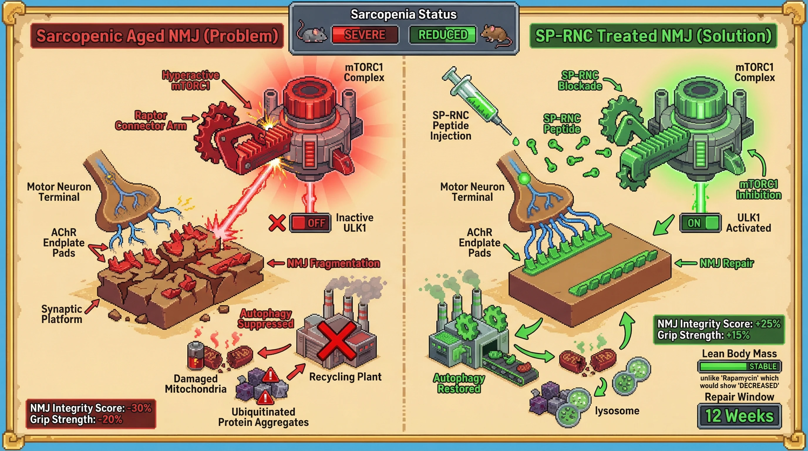 Infographic for: A stapled peptide that blocks Raptor's RNC domain from engaging mTOR's N-HEAT/M-HEAT ridge — injected locally into ag...