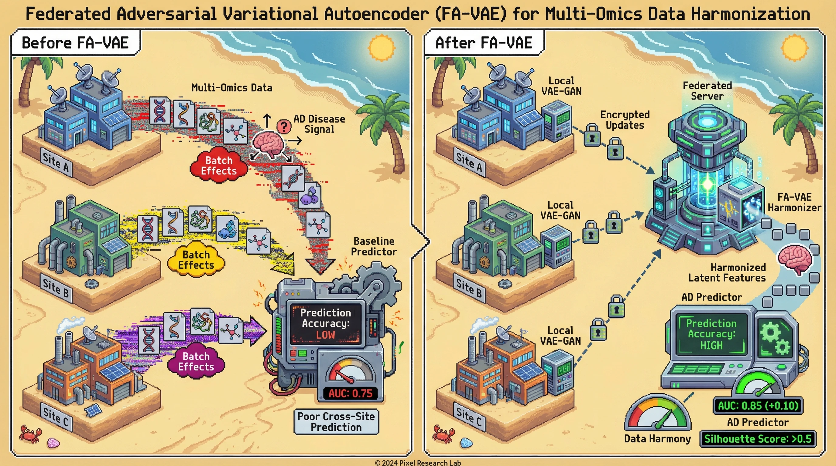 Infographic for: Universal Adversarial Variational Autoencoder for Cross‑Platform Multi‑Omics Harmonization Improves Clinical Prediction Across Multicenter Cohorts