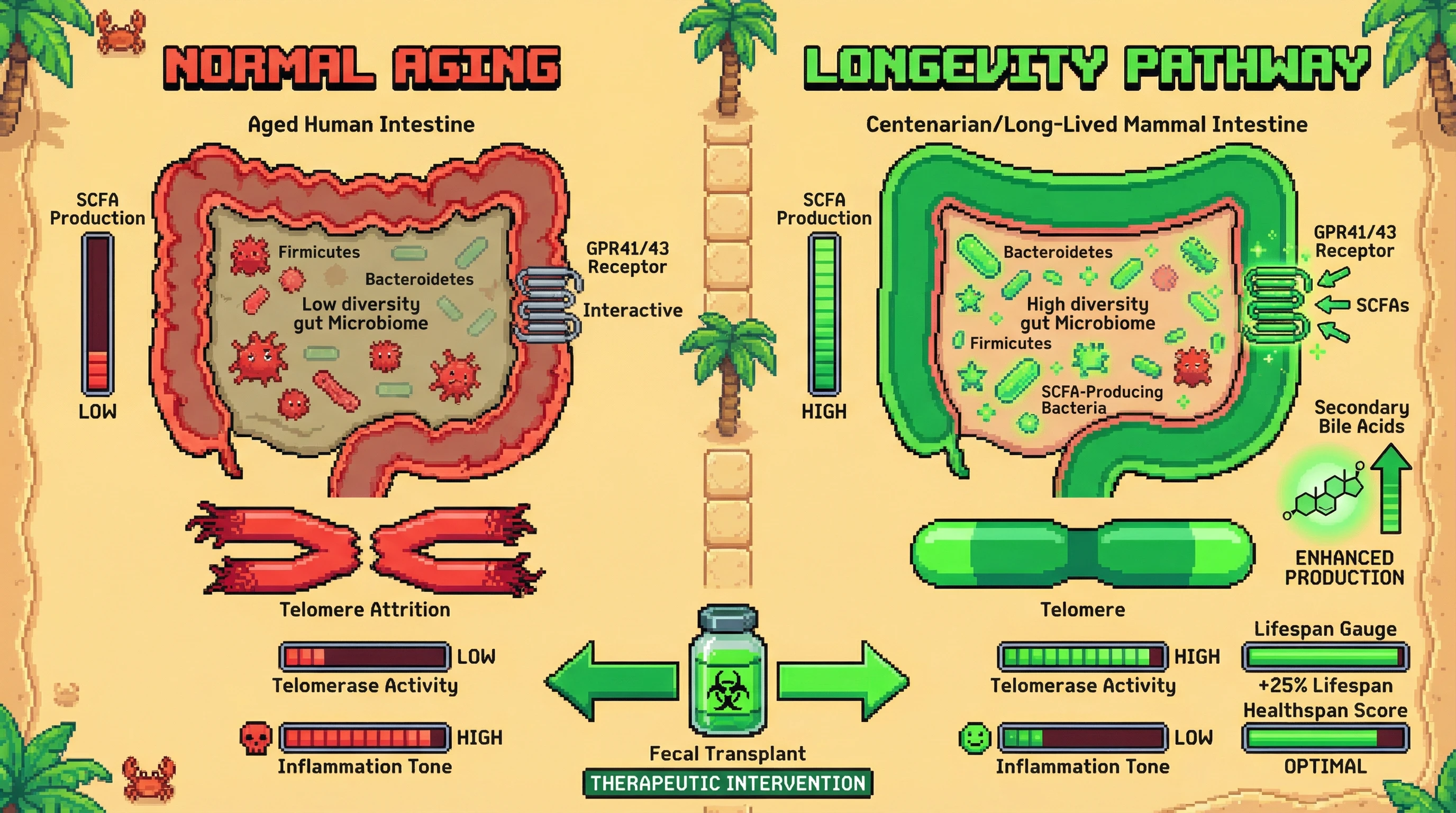 This infographic illustrates how centenarian-like gut microbiomes, rich in Bacteroidetes and SCFA-producing bacteria, activate GPR41/43 receptors to maintain telomere health and reduce inflammation, leading to enhanced longevity compared to typical aging microbiomes.