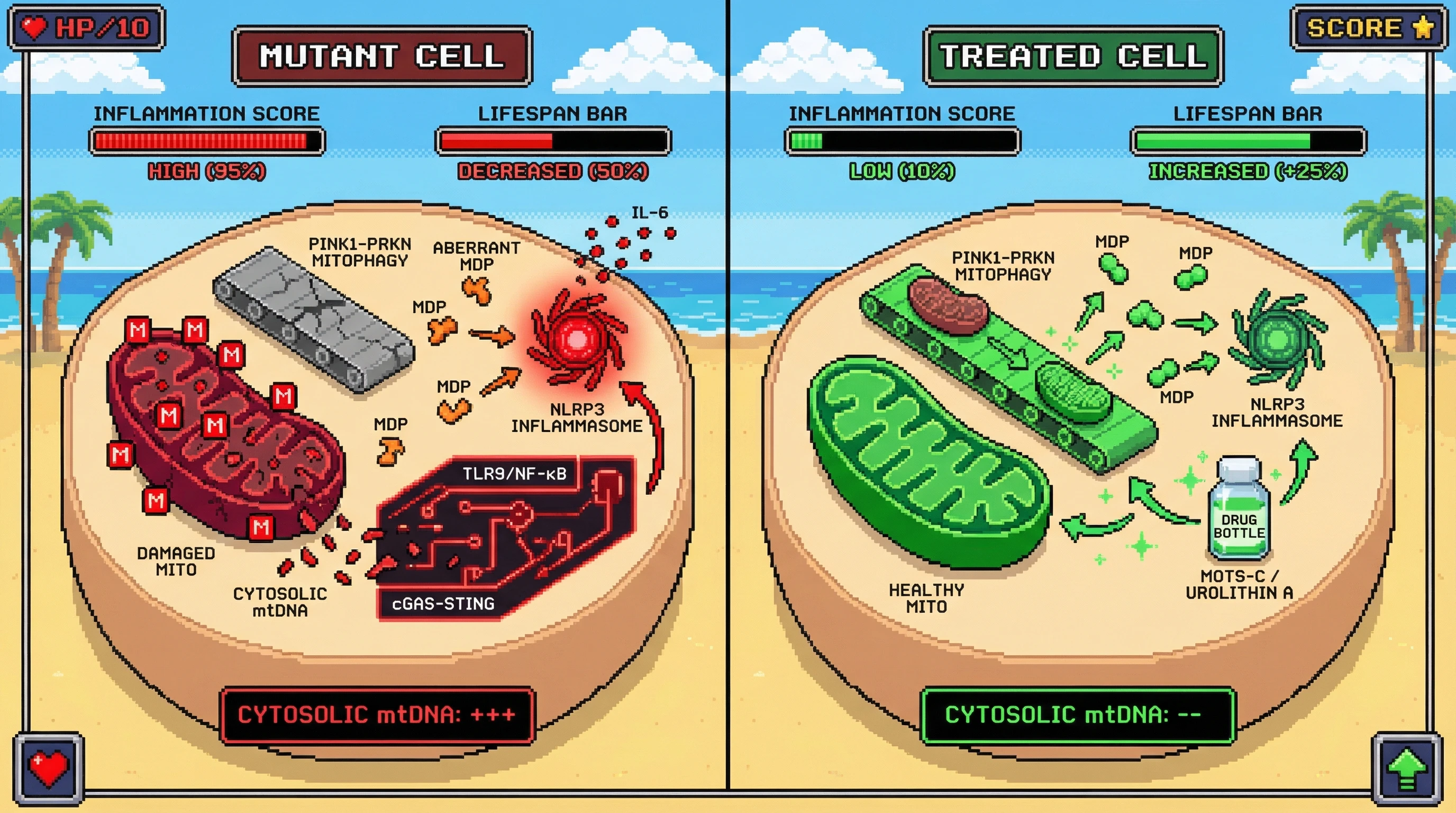 Mechanism: Specific mtDNA mutations impair mitophagy and alter mitochondrial-derived peptides (MDPs), leading to NLRP3 inflammasome activation and inflammation. Readout: Readout: Therapeutic intervention with MDPs or mitophagy activators decreases inflammation scores and increases the lifespan bar by 25%.