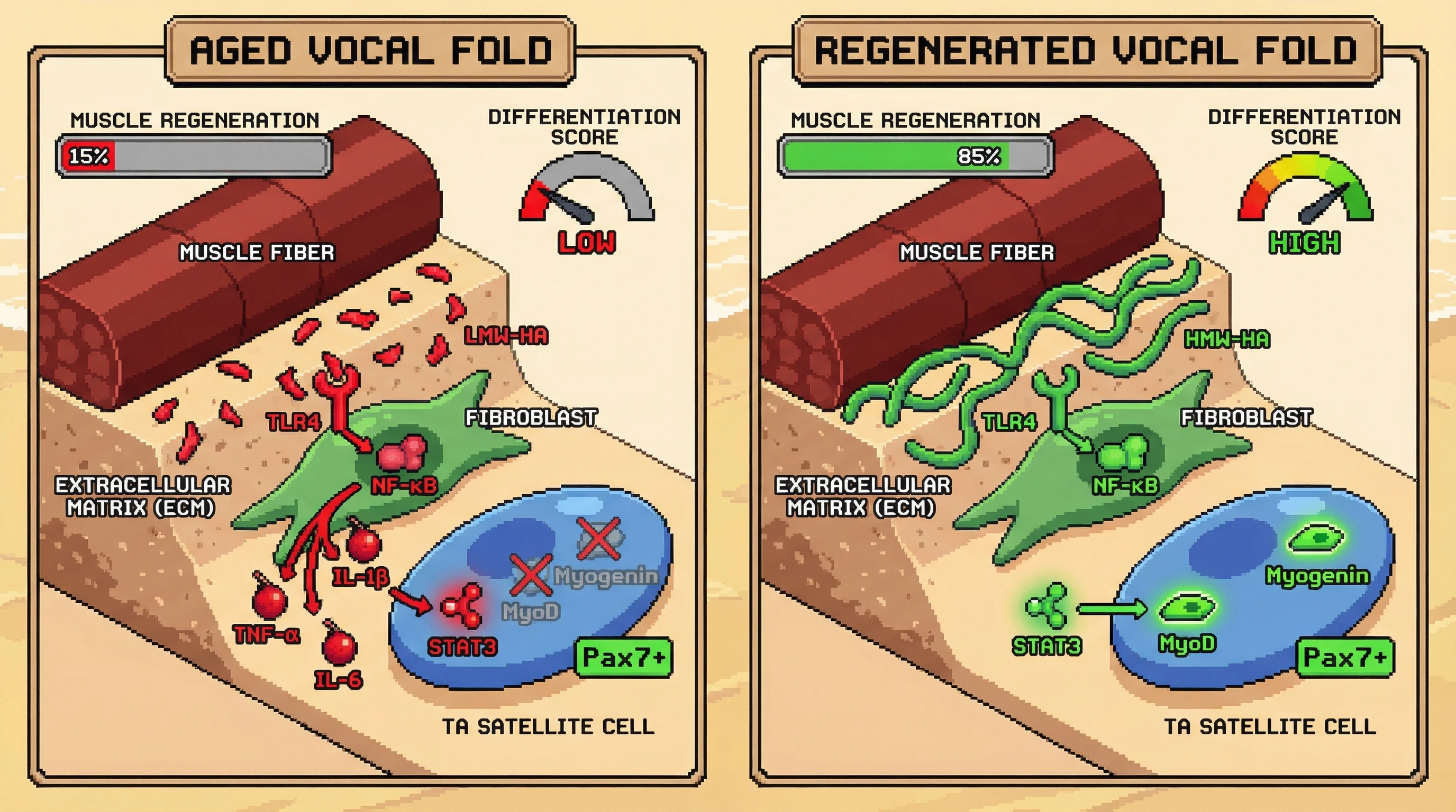 Mechanism: Age-related low-molecular-weight hyaluronan fragments activate TLR4/NF-κB, releasing cytokines that suppress TA satellite cell differentiation. Readout: Readout: Restoring high-molecular-weight hyaluronan or blocking TLR4 improves muscle regeneration by increasing satellite cell Myogenin expression and differentiation.