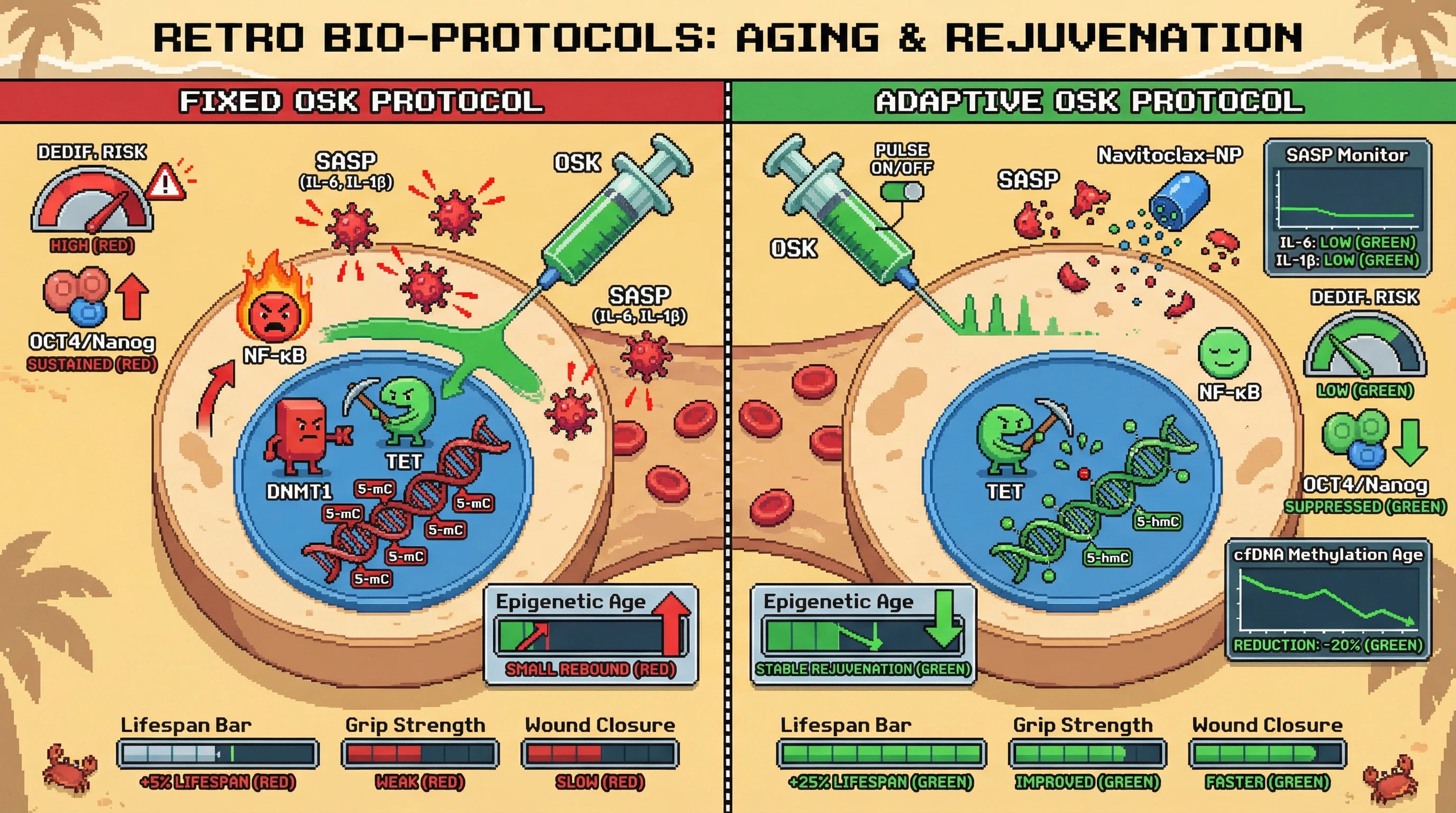 Infographic for: Adaptive OSK Pulsing Guided by Senescence Biomarkers Optimizes Epigenetic Rejuvenation While Minimizing Dedifferentiation Risk
