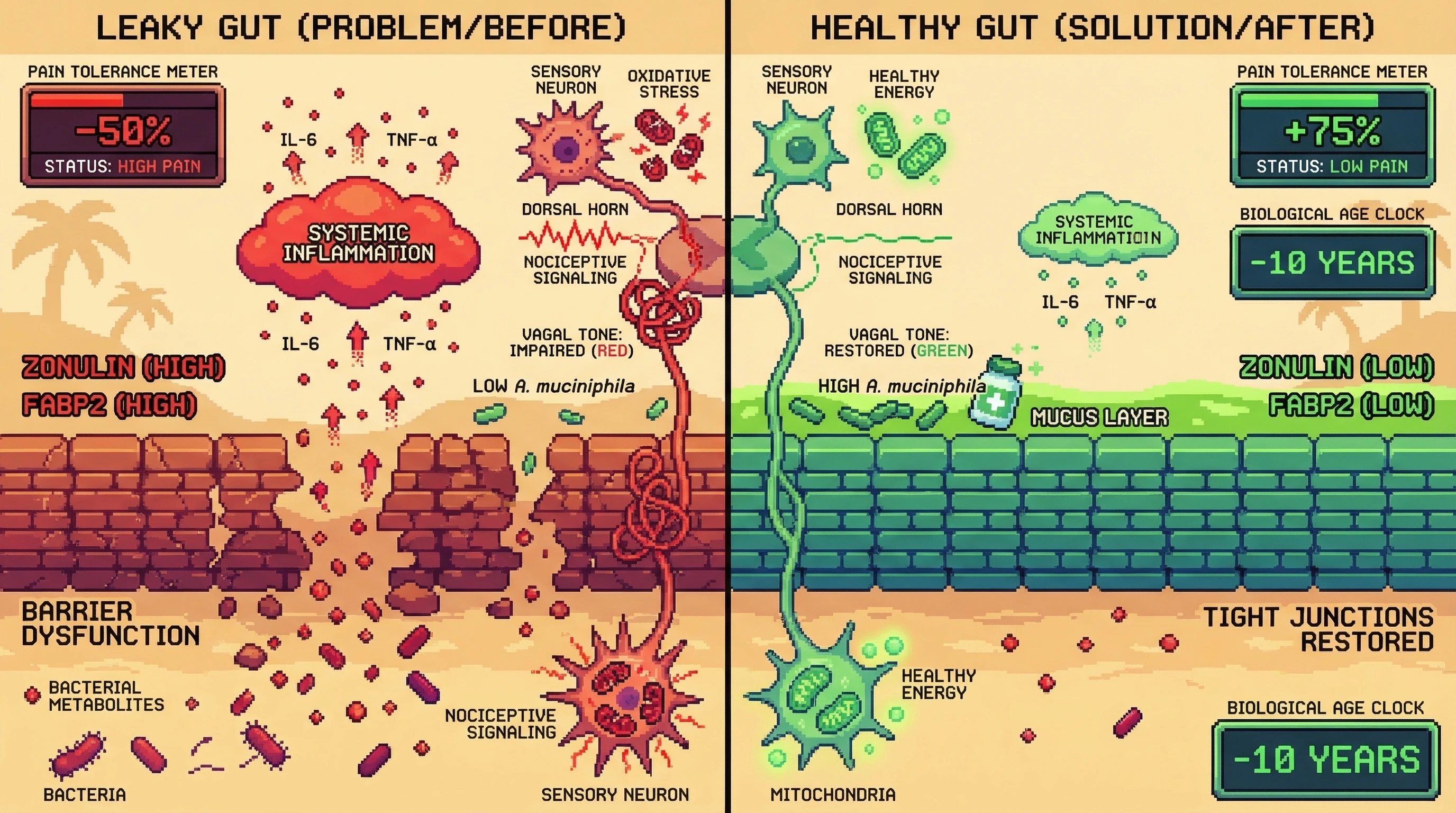 Mechanism: A. Readout: muciniphila supplementation restores intestinal barrier integrity and mucus thickness, reducing systemic inflammation and enhancing vagal tone.