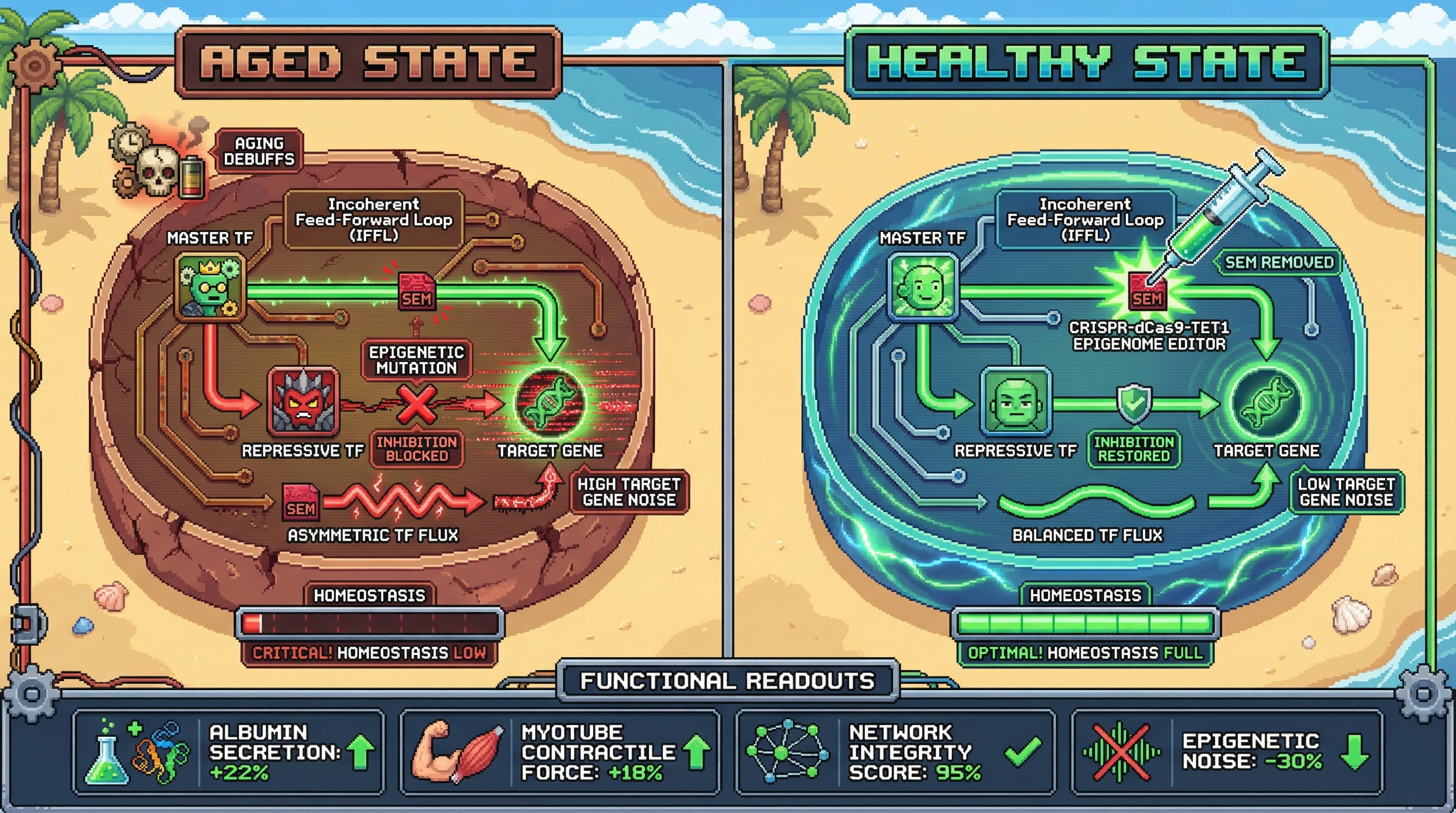 Infographic for: Hypothesis: Stochastic epigenetic mutations preferentially destabilize incoherent feed‑forward loops, driving lineage‑specific loss of homeostasis in aged tissues