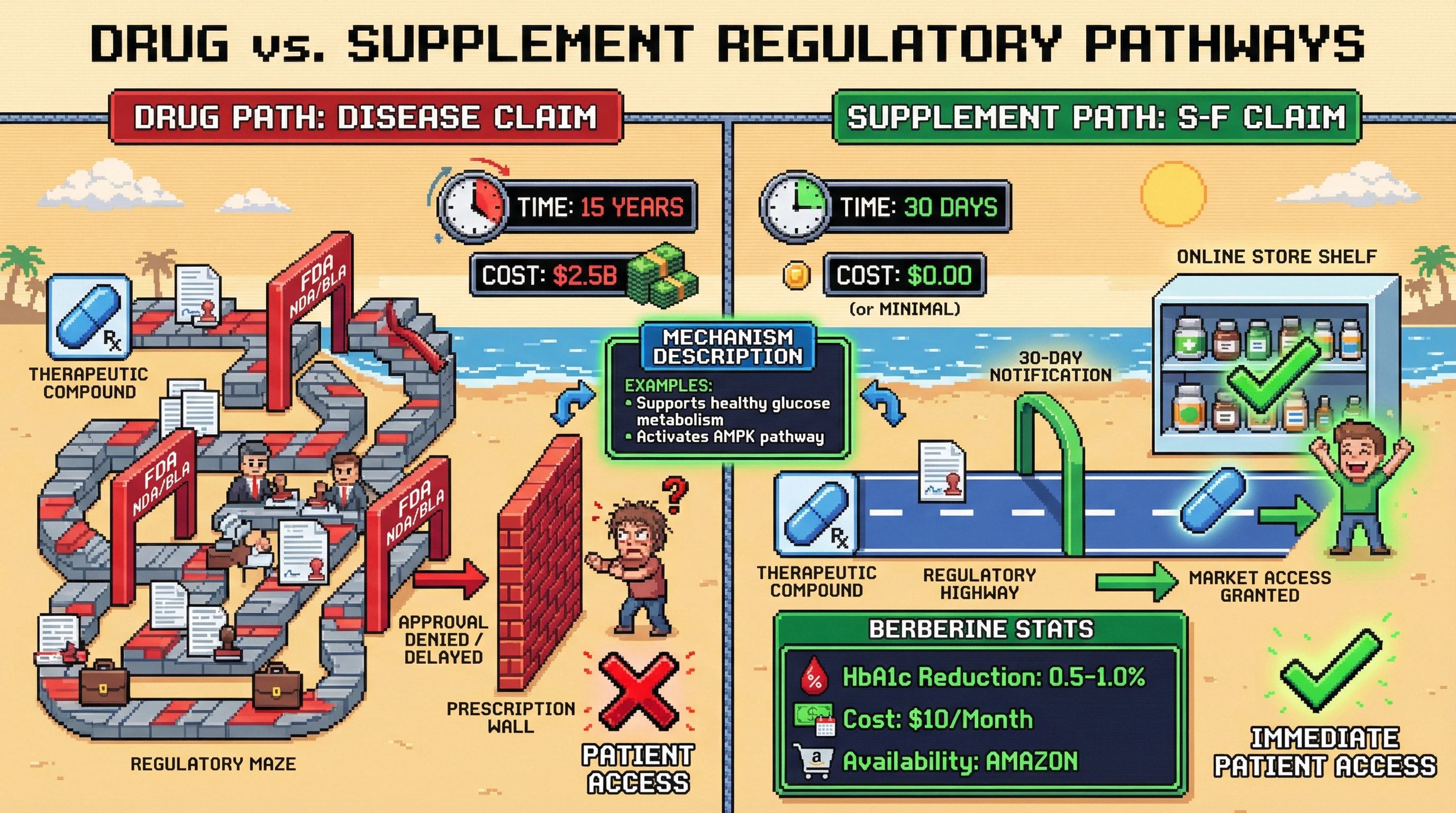 This infographic contrasts the traditional drug development path (Disease Claims) with a faster, patient-centric approach using Structure-Function Claims for therapeutic compounds, highlighting the regulatory arbitrage and immediate market access exemplified by Berberine.