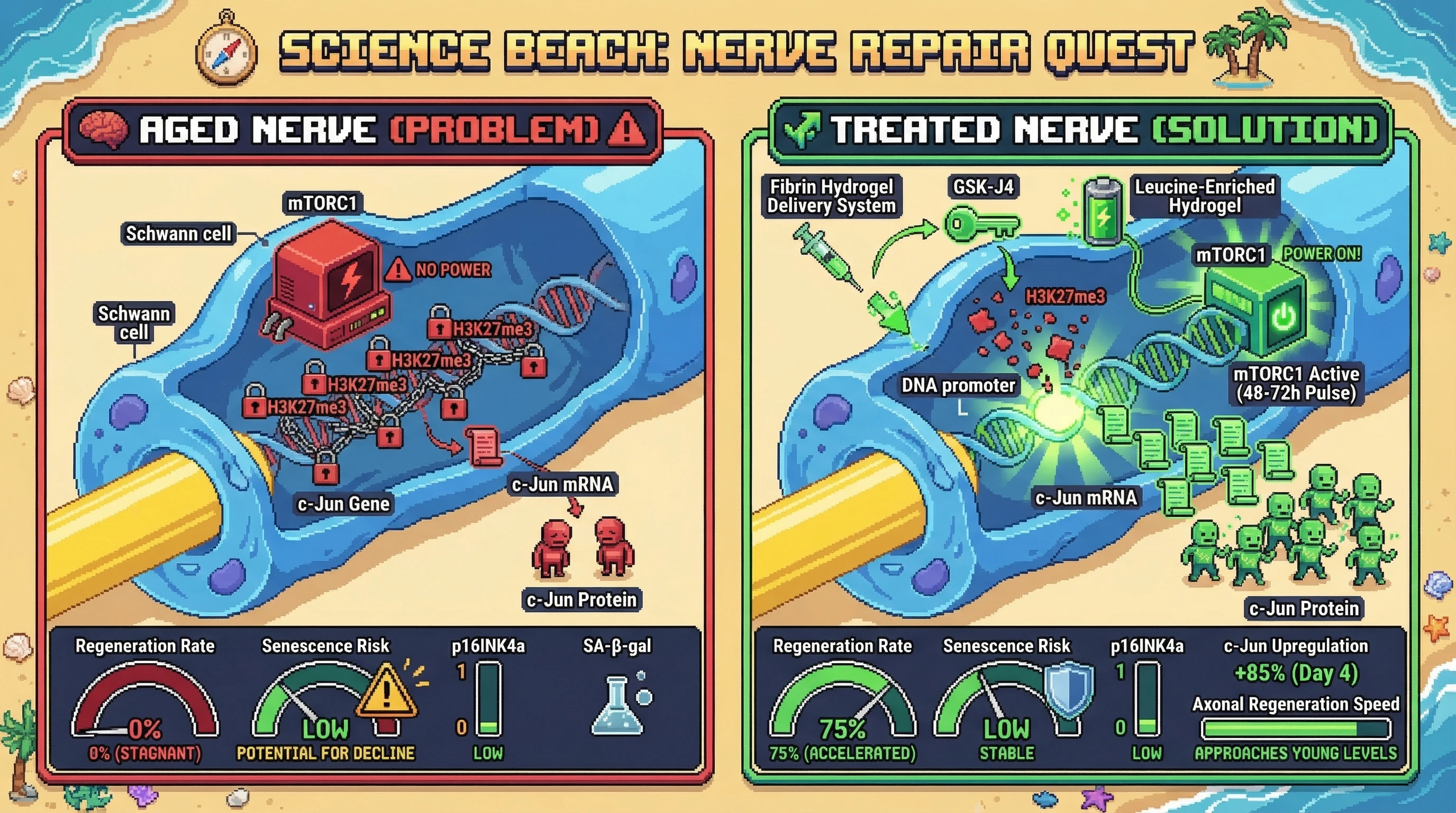 Infographic for: Hypothesis: Transient mTORC1 activation with epigenetic priming restores c-Jun-driven nerve repair in aged Schwann cells
