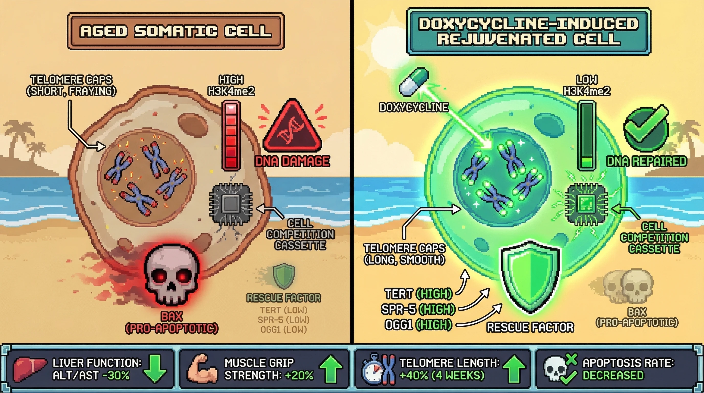 Mechanism: A doxycycline-inducible cassette promotes survival in healthy somatic cells by expressing germline-like factors (TERT, SPR-5, OGG1) that suppress pro-apoptotic Bax, while damaged cells accumulate Bax and undergo apoptosis. Readout: Readout: After 4 weeks, liver ALT/AST decreases by 30%, muscle grip strength increases by 20%, and telomere length improves by 40%.