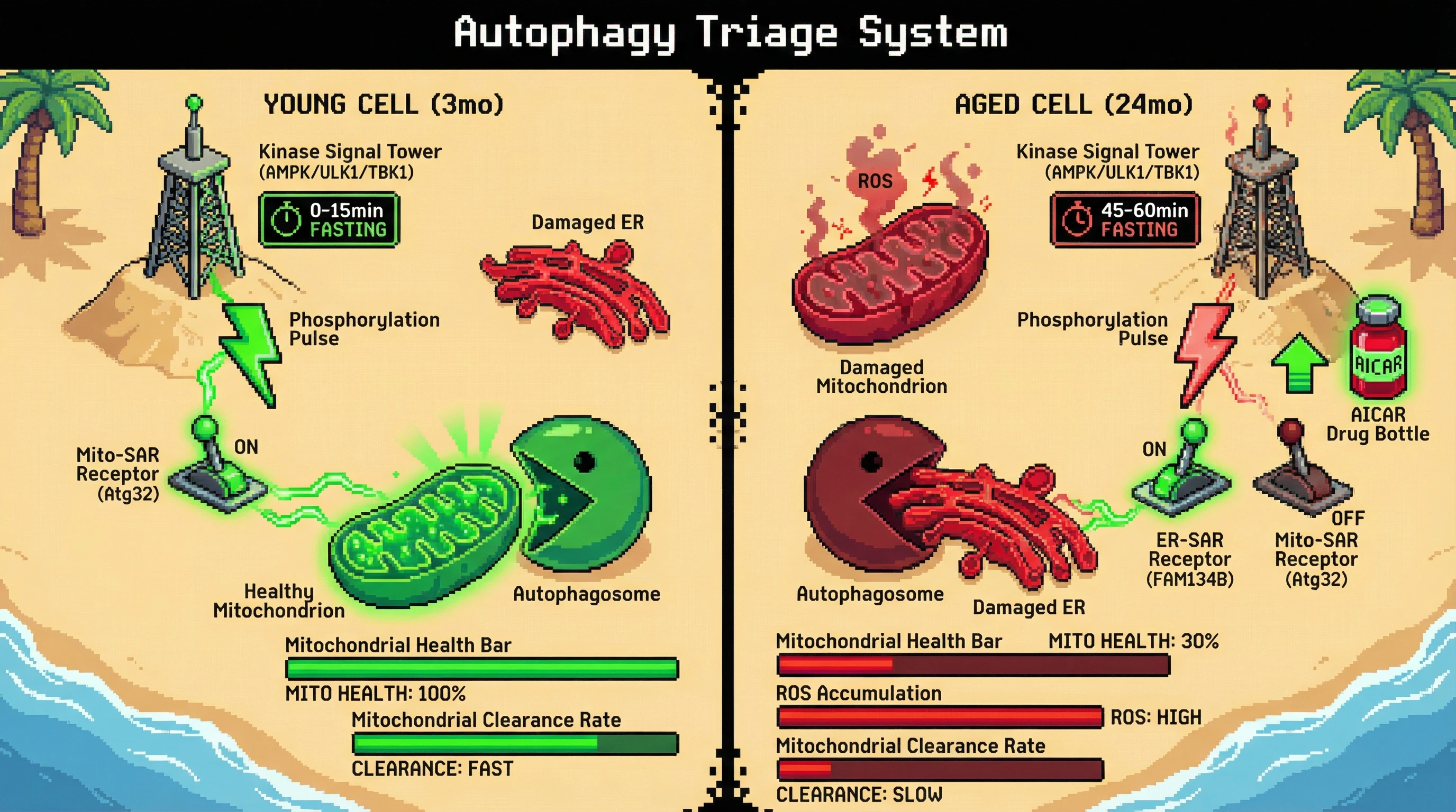 Infographic for: Age‑Dependent Desynchronization of Selective Autophagy Hierarchy Drives Organelle‑Specific Damage Accumulation
