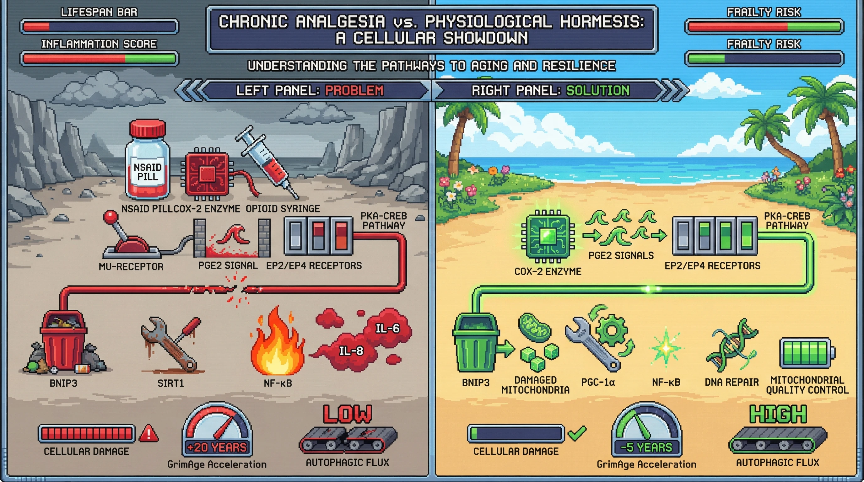 Infographic for: Chronic analgesia blunts COX-2/PGE2–driven hormesis, accelerating epigenetic aging