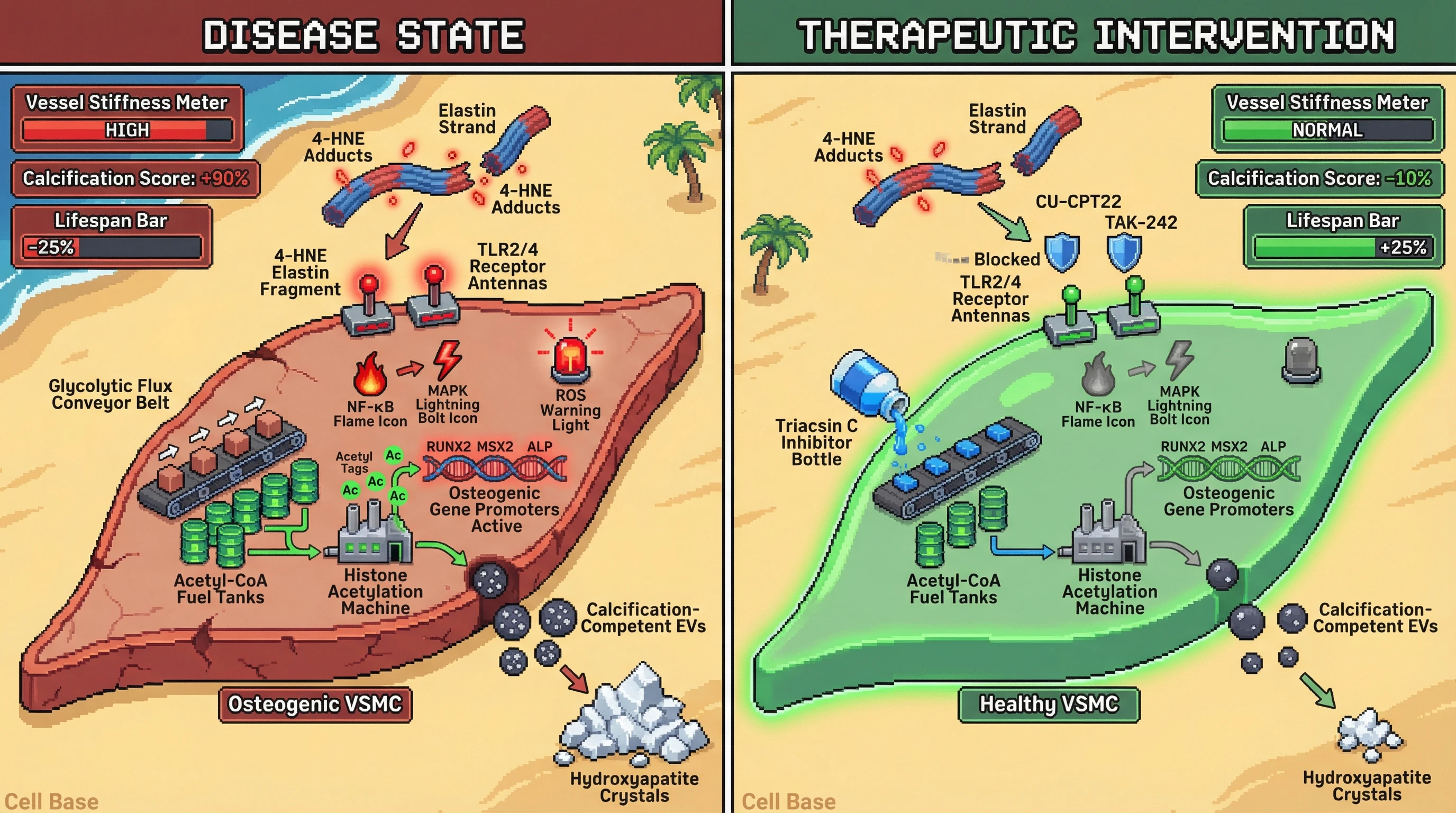 Infographic for: 4-HNE-modified elastin fragments drive VSMC osteogenic switch via TLR-mediated EV nucleation and acetyl-CoA-dependent epigenetic reprogramming