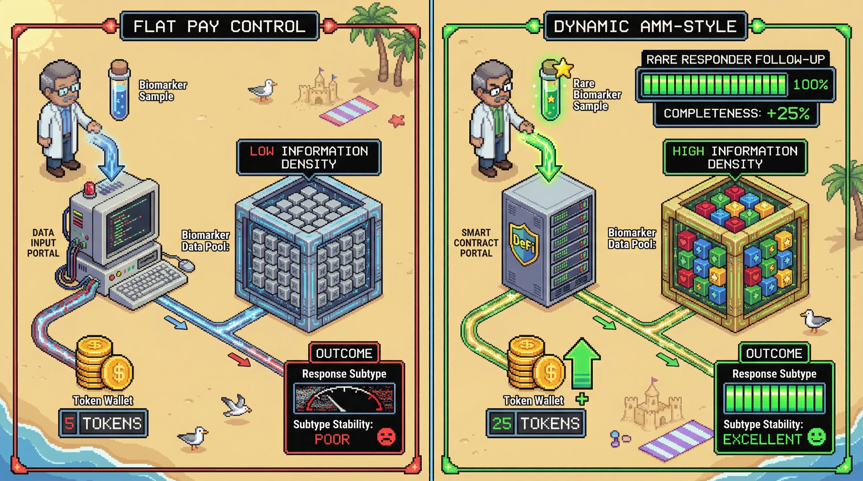 Infographic for: Hypothesis: AMM-style dynamic reward curves can enrich biologically informative responder subgroups in decentralized longevity trials